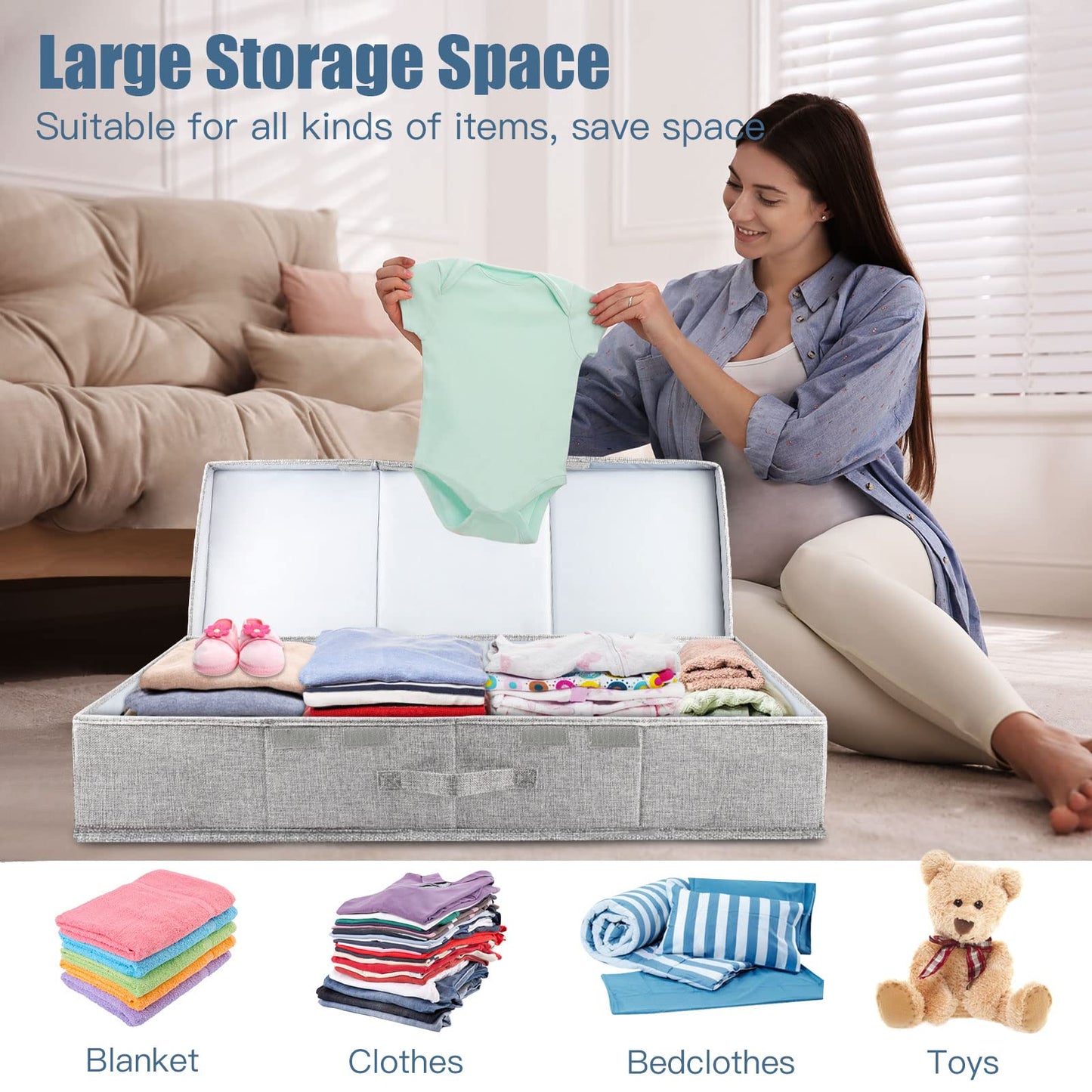 Supowin Underbed Storage Containers Bin with Lids (Set of 2) Large Under Bed Storage Organizer Box with Handle, Foldable Sturdy Under The Bed Storage Bags for Organizing Clothes, Shoes, Blankets, Pillows-Grey