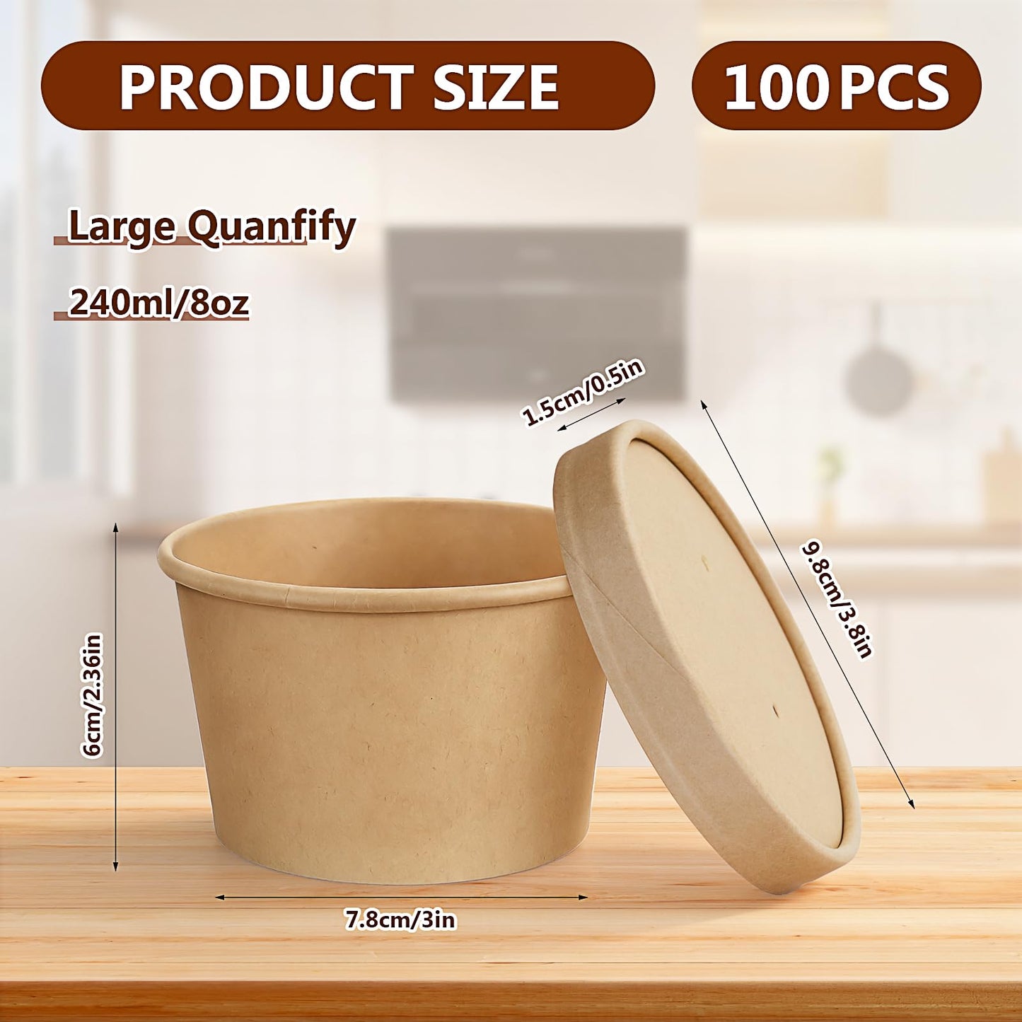 100 Pack 8 oz Paper Soup Containers with Vented Lids, Disposable Kraft Paper Food Containers to Go Hot Soup Bowls Ice Cream Cup Dessert Cup for Restaurants (Kraft)