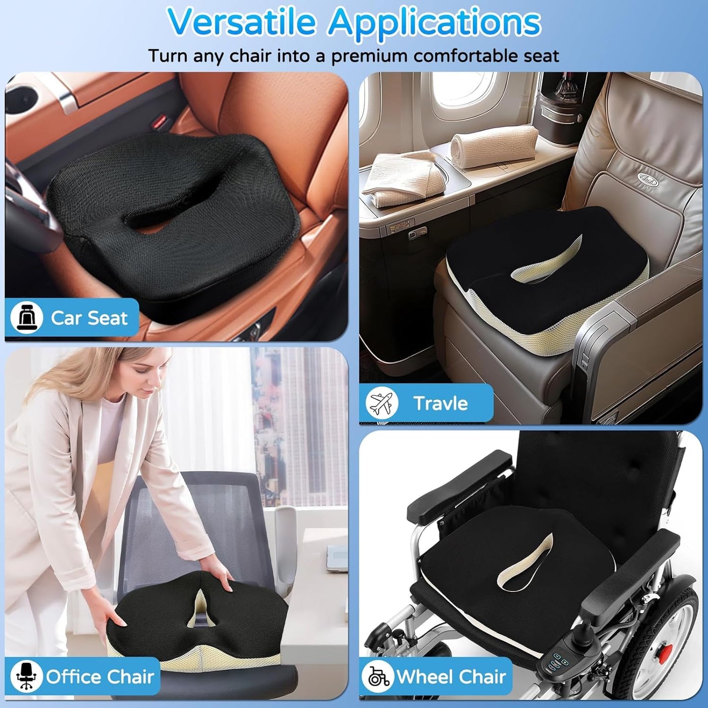 Seat Cushion for Long Sitting - Memory Foam Chair Pad Cushion for Tailbone, and Low Back Pain Relief - Non-Slip Seat Cushions for Office Chairs Wheelchair Car Seats,Gray