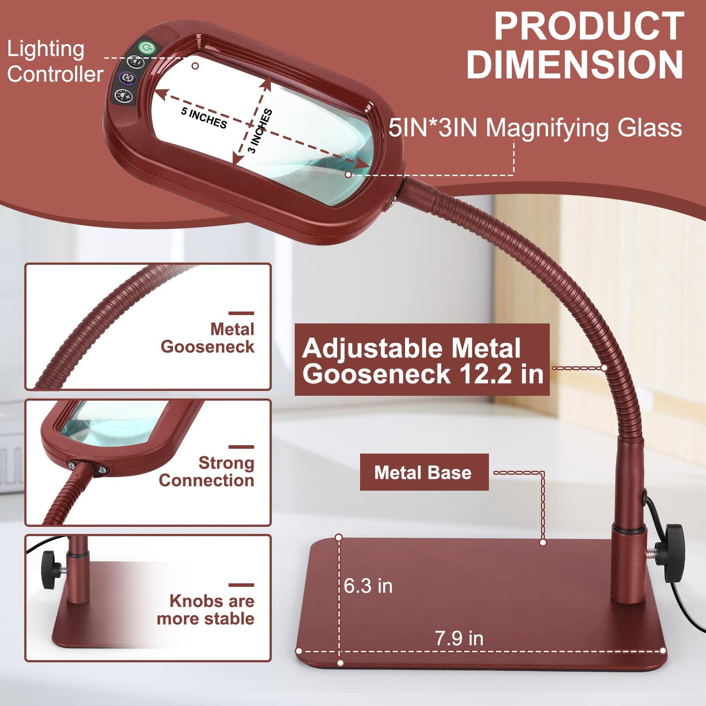 10X Rectangle Magnifying Glass with Light and Stand, Real Glass 5 Color Modes Stepless Dimmable, Flexible Gooseneck LED Lighted Desk Lamp, Hands Free Magnifier for Reading Crafts Painting, Red