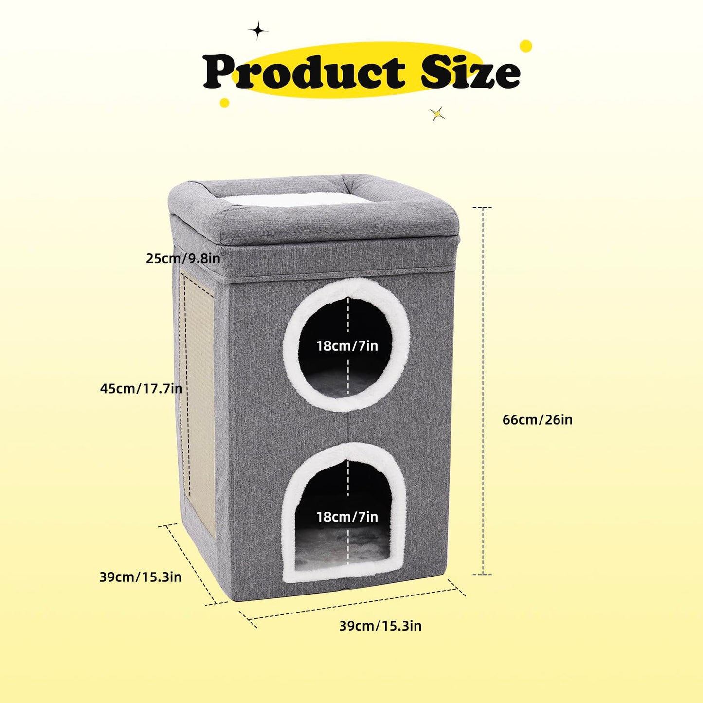 3-Level Cat House for Indoor, Covered Cat Condo with Scratch Pad and Hideaway Cave, Cat Bed &Furniture for Multi Pets and Large Cats, 15.3 * 15.3 * 26 inches,Grey
