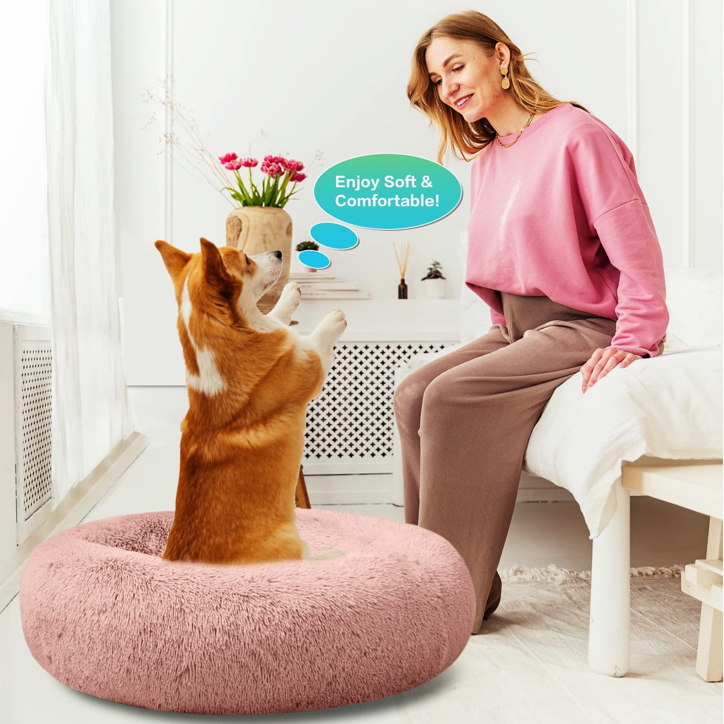 SAVFOX Plush Calming Dog Beds, Donut Dog Bed for Small Dogs, Medium, Large, X-Large & XX-Large, Comfy Cuddler Dog Bed and Cat Bed in Faux Fur, Washable Dog Bed, Multiple Sizes S-XXL