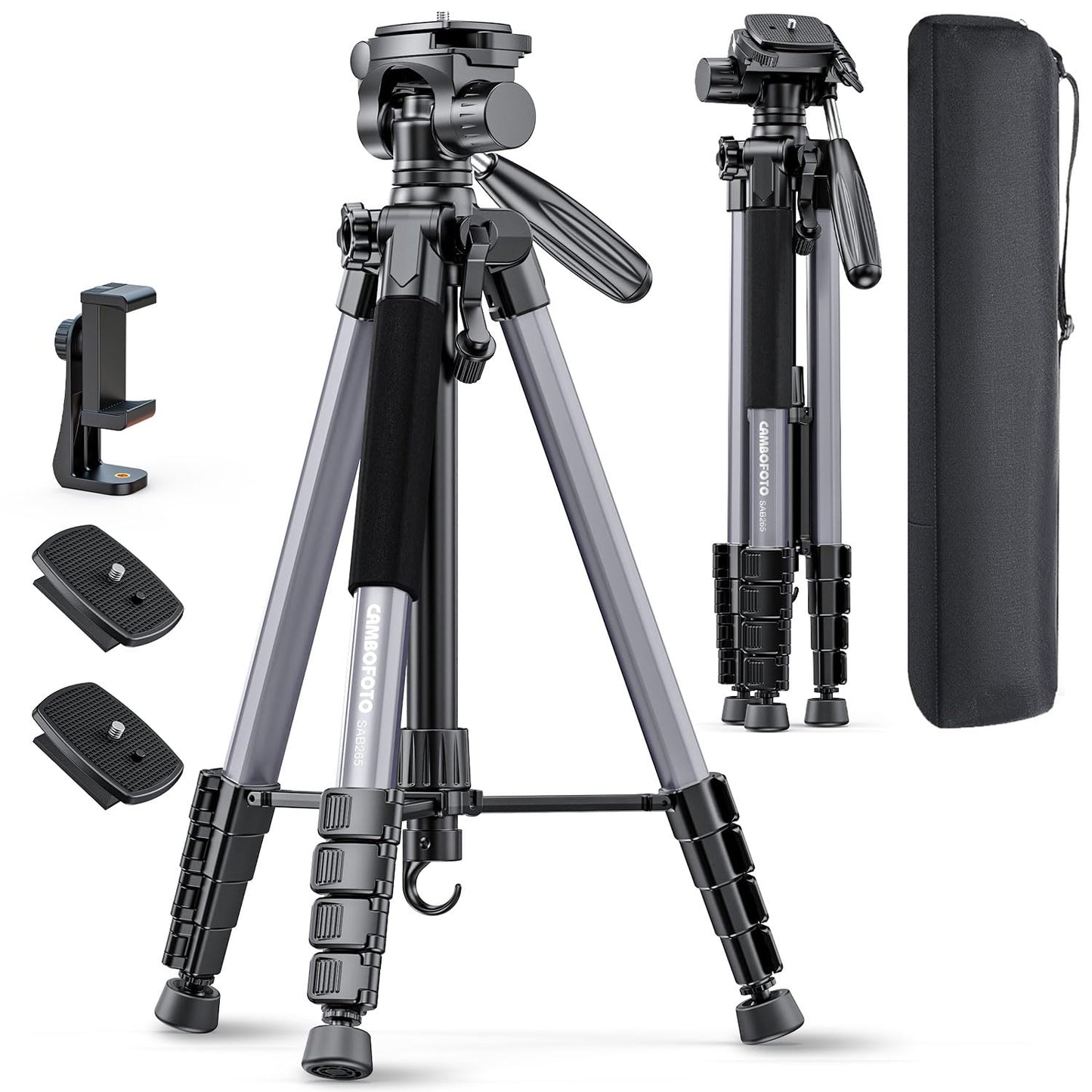 CAMBOFOTO 74"-Camera-Tripod, Gray Porfessional Aluminum Heavy Duty Tripod Stand for Mirrorless Camera/DSLR/Cell Phone/Camcorder, with Holder and Travel Bag (Gunmetal Gray)