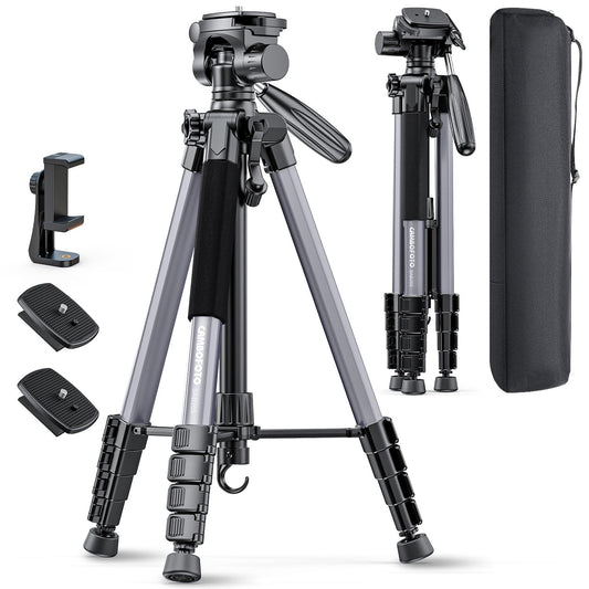 CAMBOFOTO 74"-Camera-Tripod, Gray Porfessional Aluminum Heavy Duty Tripod Stand for Mirrorless Camera/DSLR/Cell Phone/Camcorder, with Holder and Travel Bag (Gunmetal Gray)