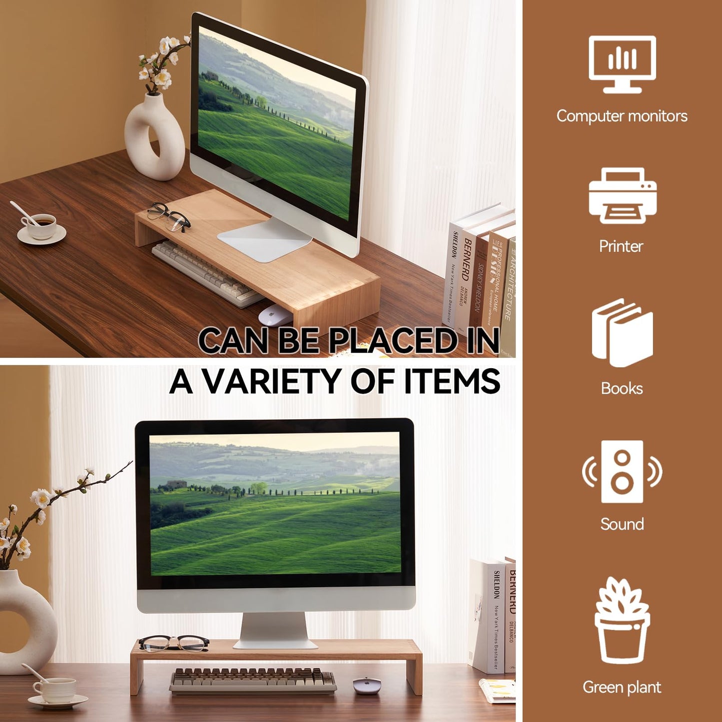 KIRIGEN Monitor Stand Wooden -Desk Stand Wood for Computer/Laptop/TV Printer - Monitor Arms & Stands Desk Riser for Office Organizers -Desktop Workspace (59 Natural)