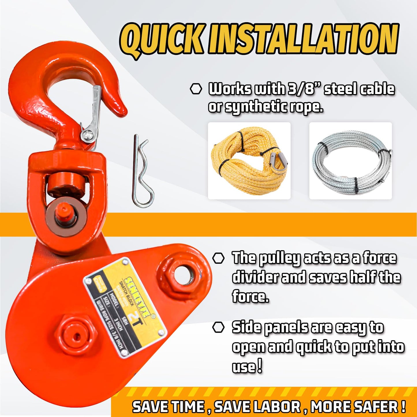 SENKEYFE 2 Ton Snatch Block with Hook, for 3/8 Inch Wire Ropes, 4400lbs Snatch Block Pulley for Tow Truck Rollback Wrecker Car Hauler, Winch Pulley Winch Accessories