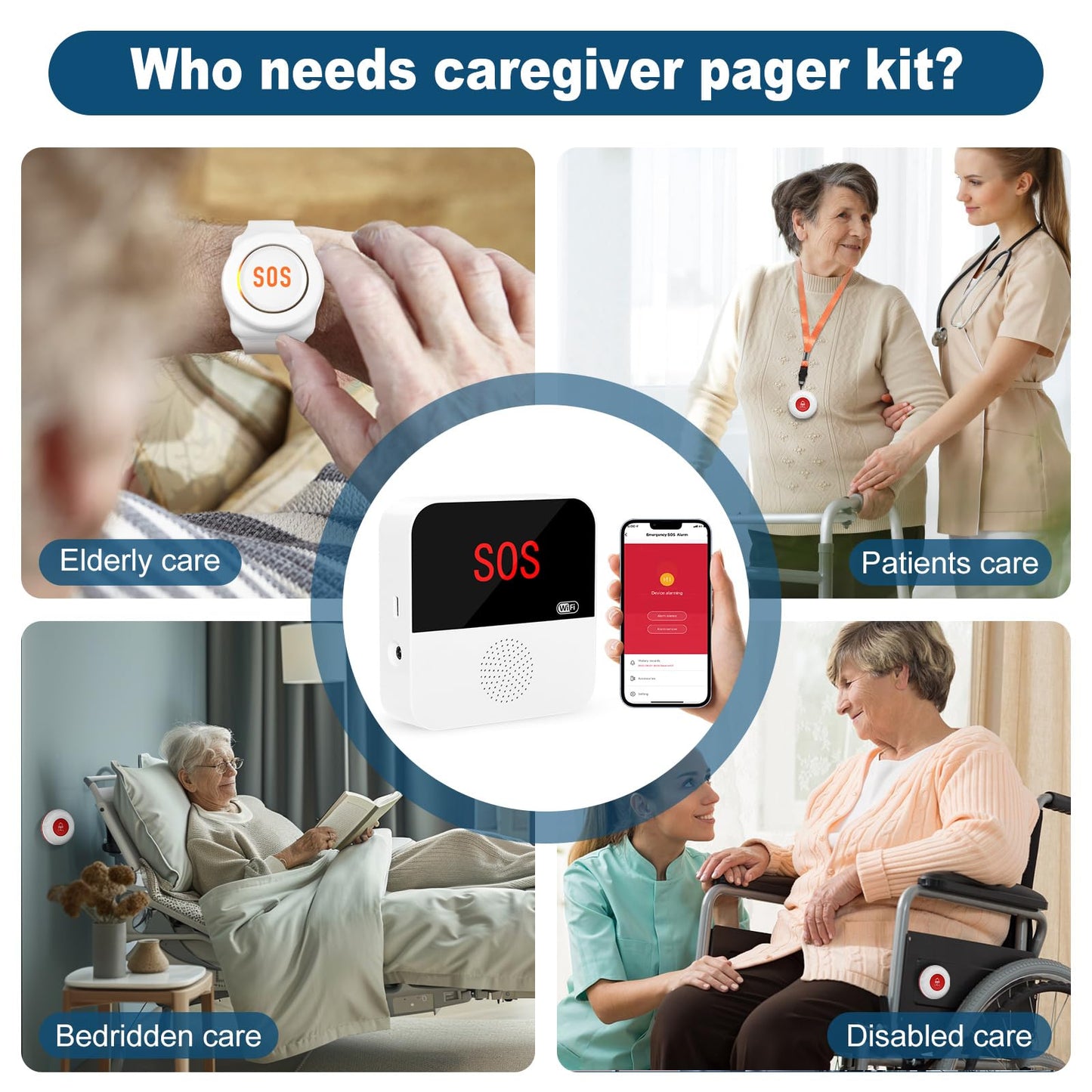 DAYTECH WiFi Smart Caregiver Pager Wireless Call Button for Elderly Monitoring Emergency Call Bell Alert System, 2 Panic Buttons 1 Receiver(ONLY Support 2.4G WiFi)