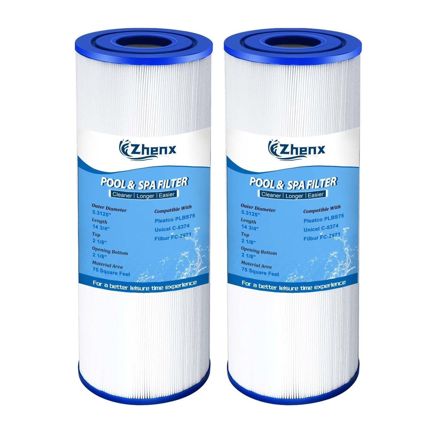 Zhenx C-5374 ‎Spa Filter Cartridge, Compatible with Unicel C-5374, Filbur FC-2971, PLBS75, Filter Area: 75 sq. ft, 2 Pack.