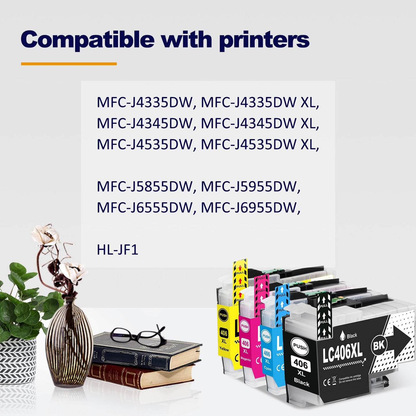 LC406XL High Yield Ink Cartridge Compatible for LC406 LC406XL LC 406 XL use with MFC-J4535DW MFC-J4335DW MFC-J5855DW MFC-J6555DW Printer (4 Pack, BK/C/M/Y)