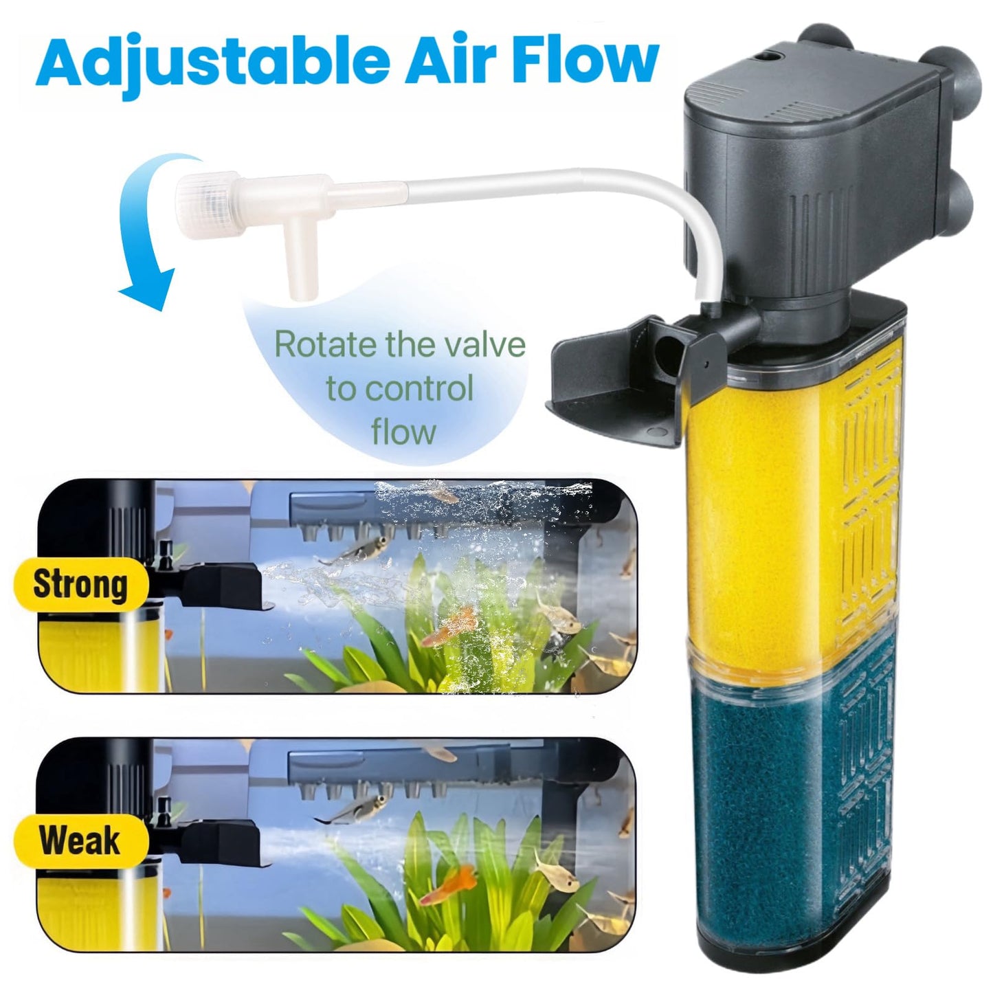 Aquarium Filter for 30-100 Gallons, Ultra-Quiet Fish Tank Filters Biochemical Filtration 400GPH Powerful Pump Submersible Sponge Filter for Large Fish & Turtle Tanks Water Clear Air Supply