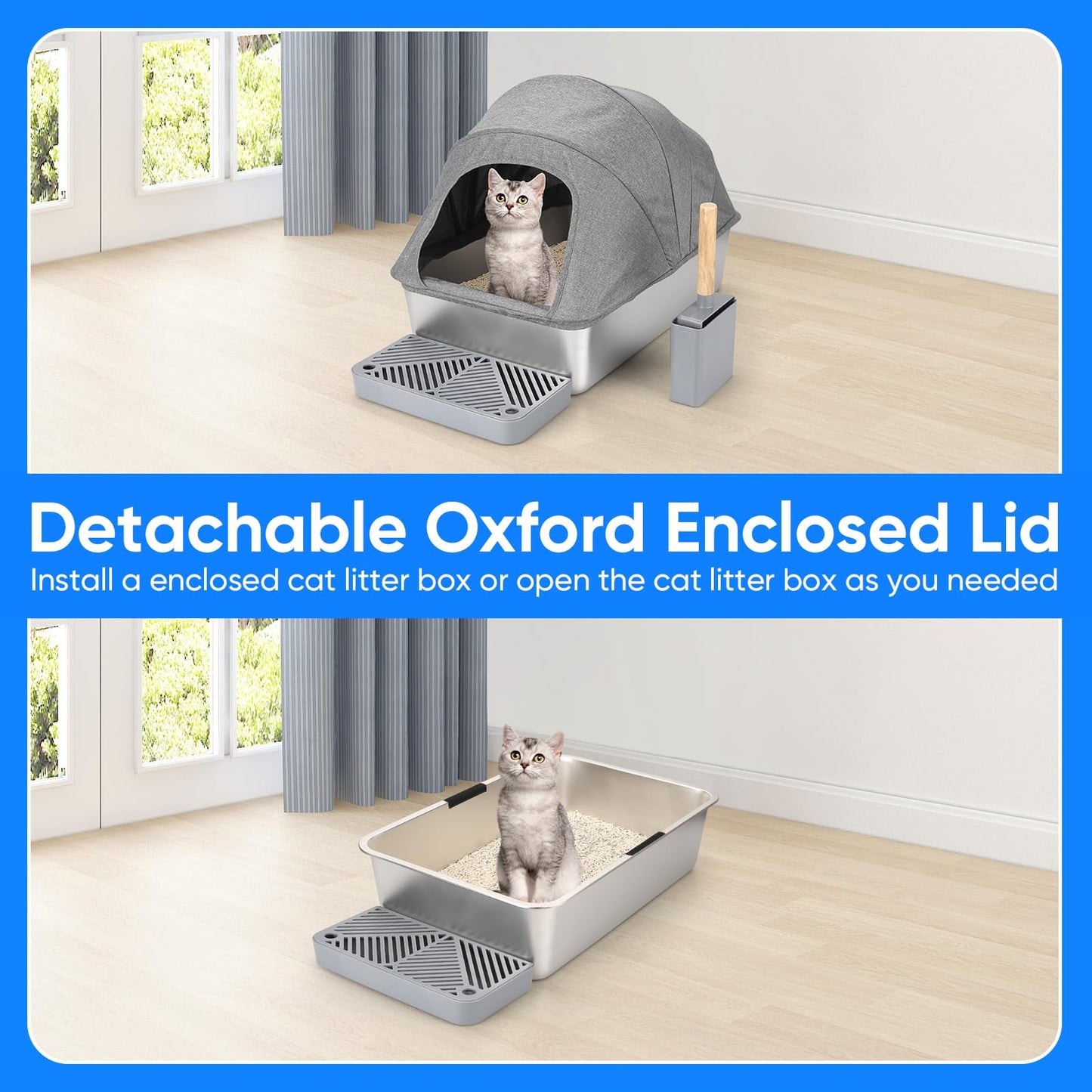 Enclosed Stainless Steel Cat Litter Box with Oxford Lid, 24" Lx16 Wx17 H Extra Large Litter Box for Big Cats, Anti-Leakage, Odor Control Litter Pan Tray with Litter Scooper,Non Stick Smooth Surface