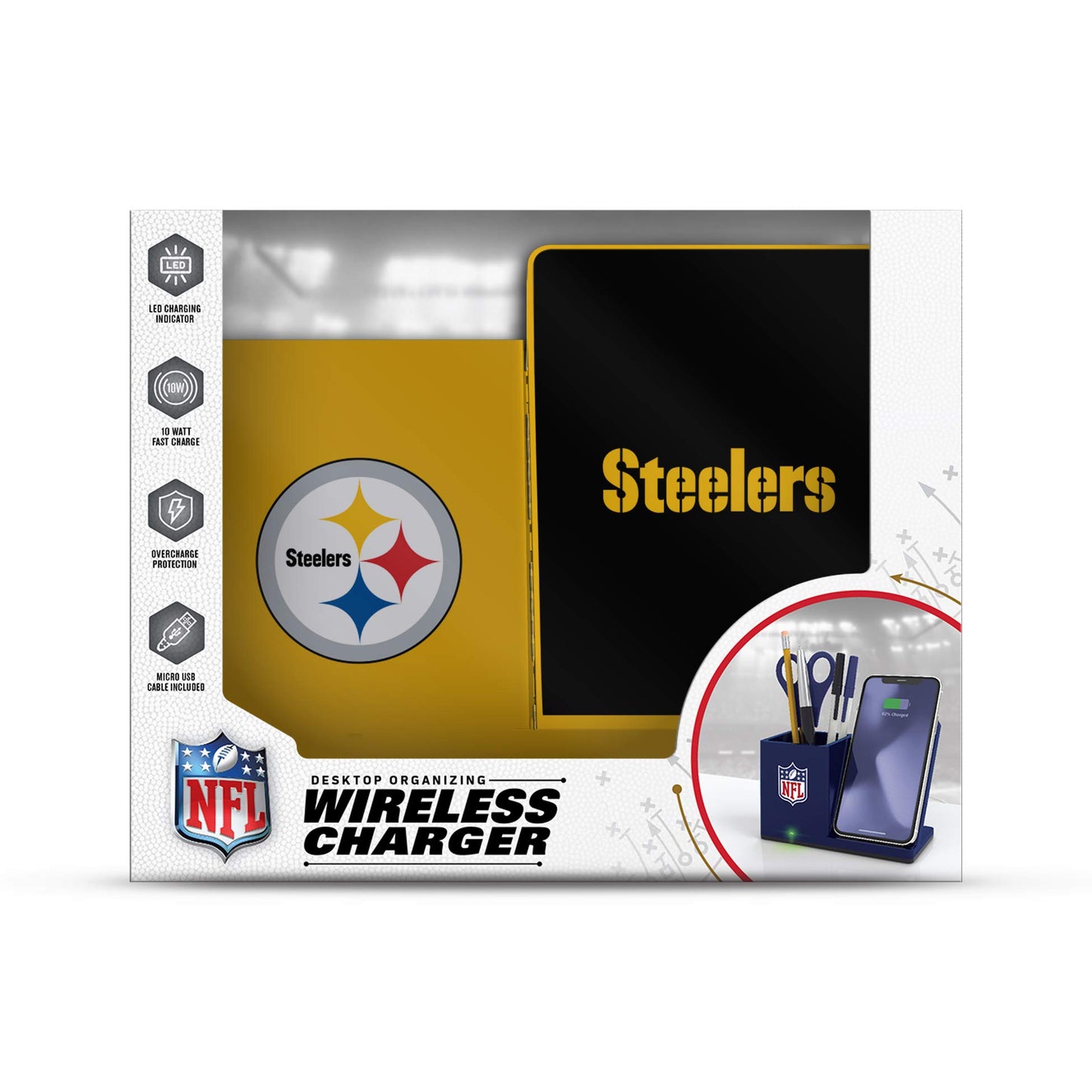 Prime Brands Group NFL Pittsburgh Steelers Wireless Charger and Desktop Organizer, Team Color