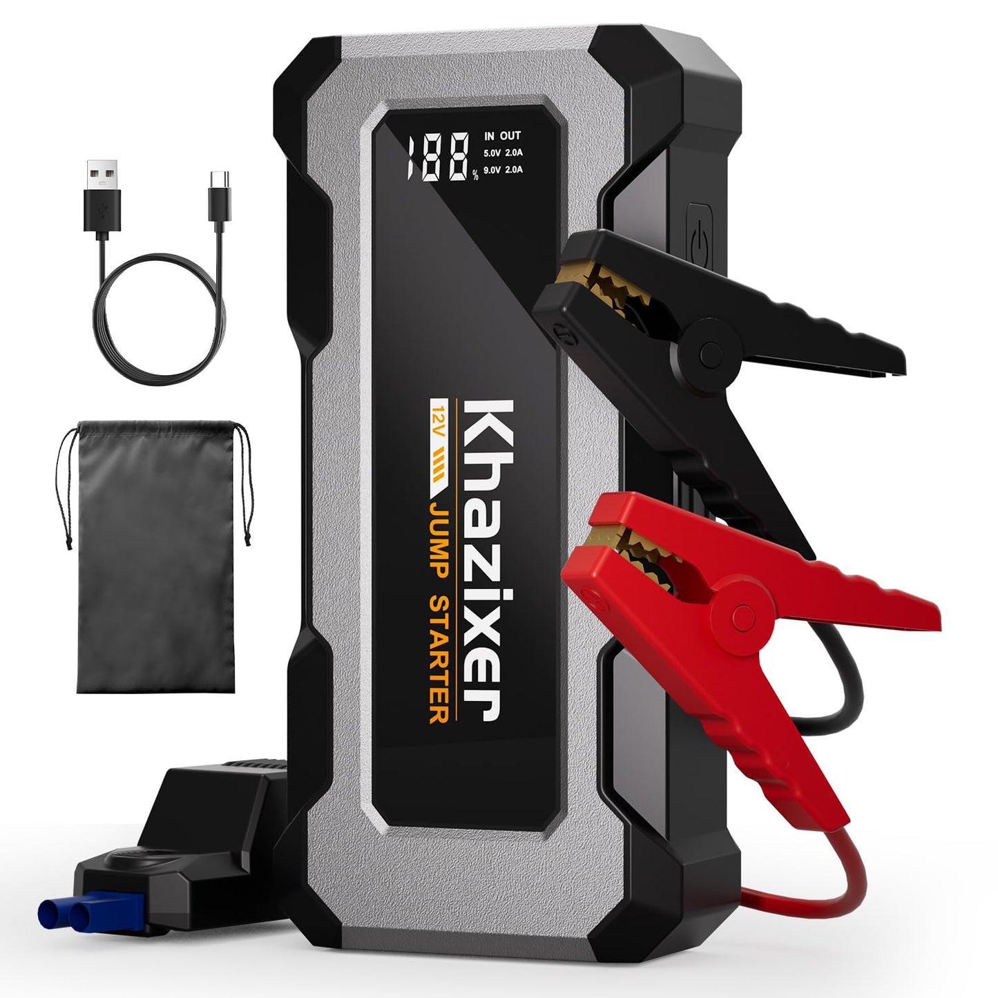 Khazixer X02 3000A Car Jump Starter, Jump Starter Battery Pack for 9.0L Gas and 7.0L Diesel, 12V Portable Jump Box with USB Output, Storage Bag, LED Flashlight