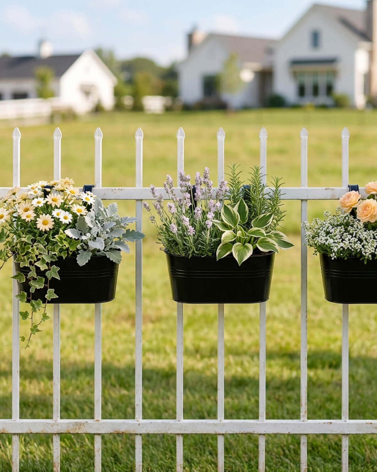 vensovo Metal Railing Planter for Outdoor Plants - 5 Pack Balcony Hanging Planter Box with Detachable Hooks and Drain Holes Oval Hanging Pots Fence Planters for Railing Garden Fence, Black