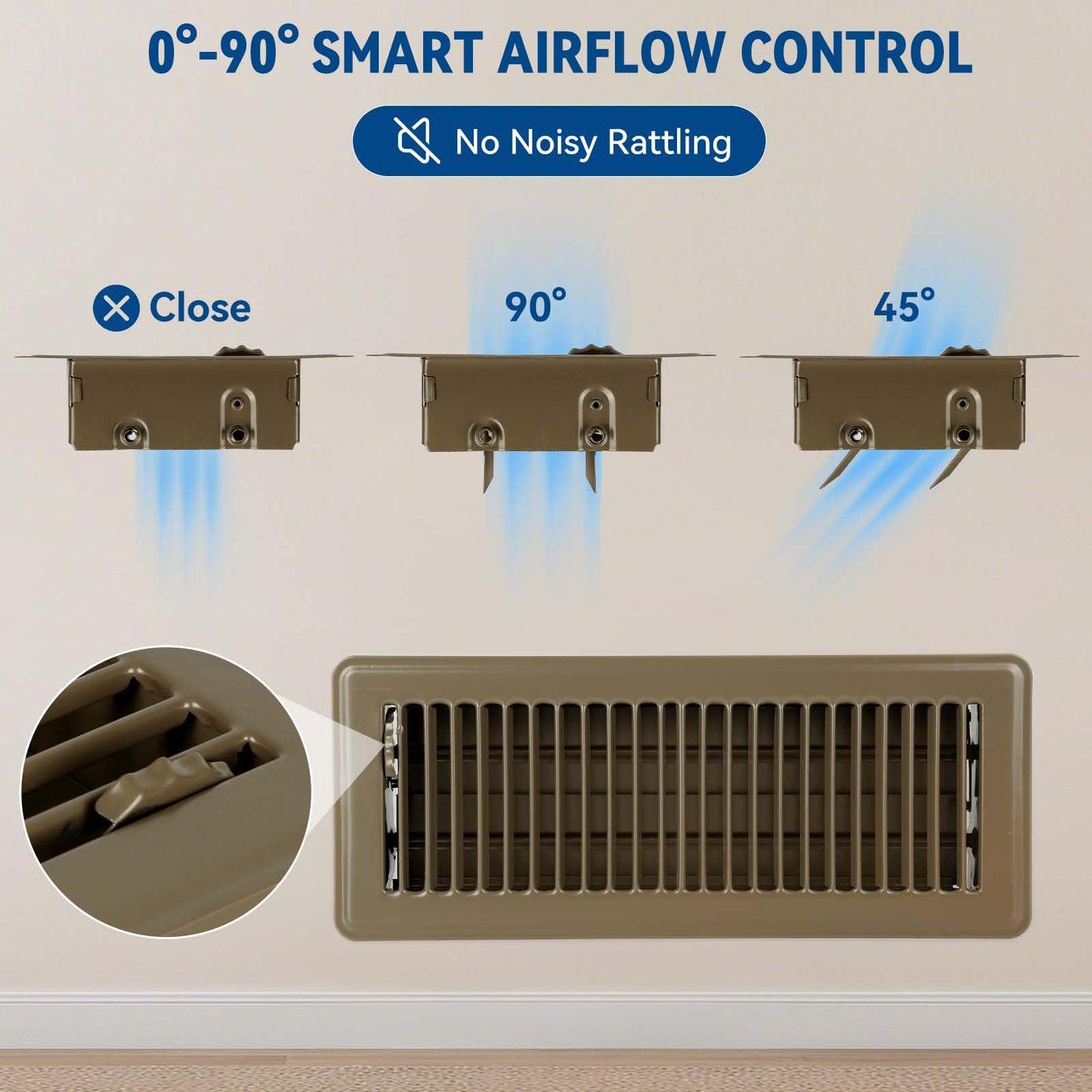 4" x 10" Floor Register Vent Covers 4-Pack, Walkable Powder-Coated Metal Vent Covers with Adjustable Airflow, Curved Safe Edges for Floor/Wall, Brown