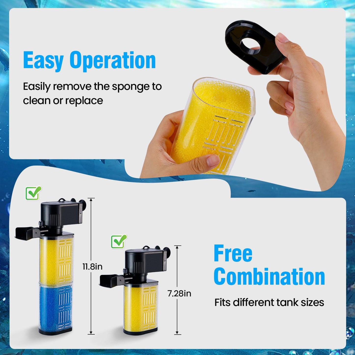 Aquarium Filter for 30-100 Gallons, Ultra-Quiet Fish Tank Filters Biochemical Filtration 400GPH Powerful Pump Submersible Sponge Filter for Large Fish & Turtle Tanks Water Clear Air Supply