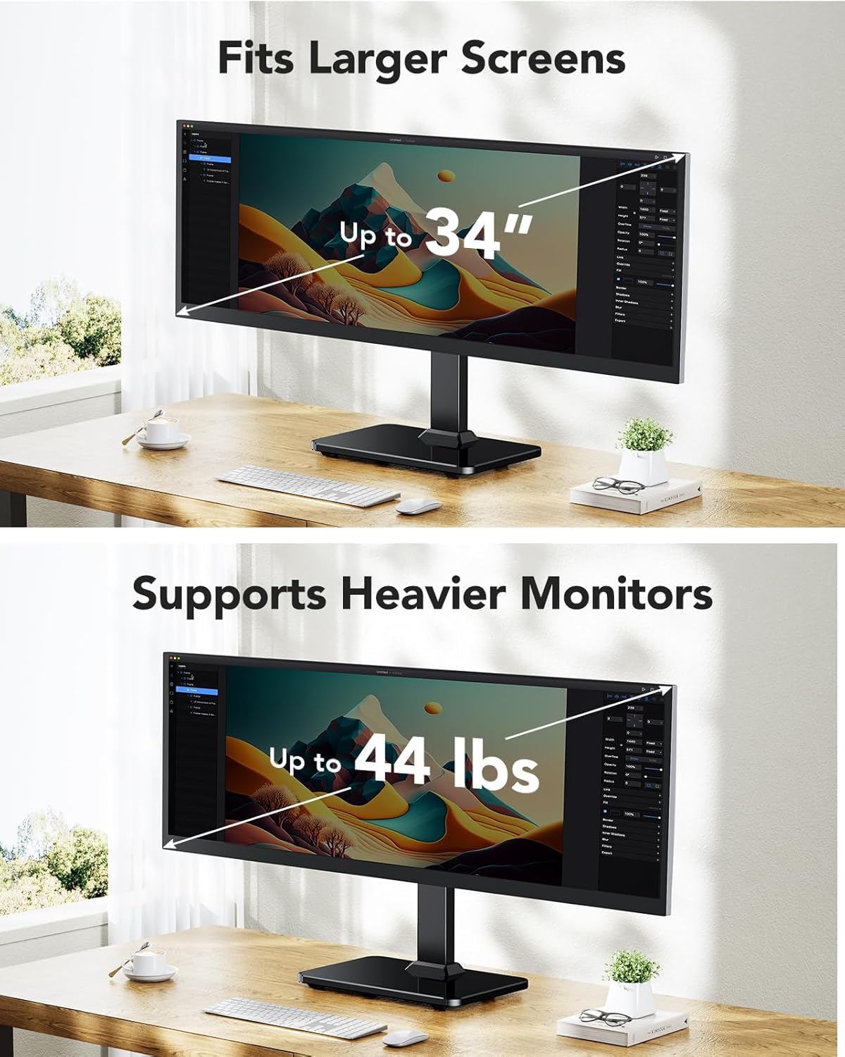 HUANUO Monitor Stand, Freestanding VESA Monitor Mount for 13″–34″ Screens up to 44 lbs, 5 Height Options, Swivel Desk Monitor Stand Riser with 360° Rotation, Tilt, 75x75mm/100x100mm VESA, HNTVS29