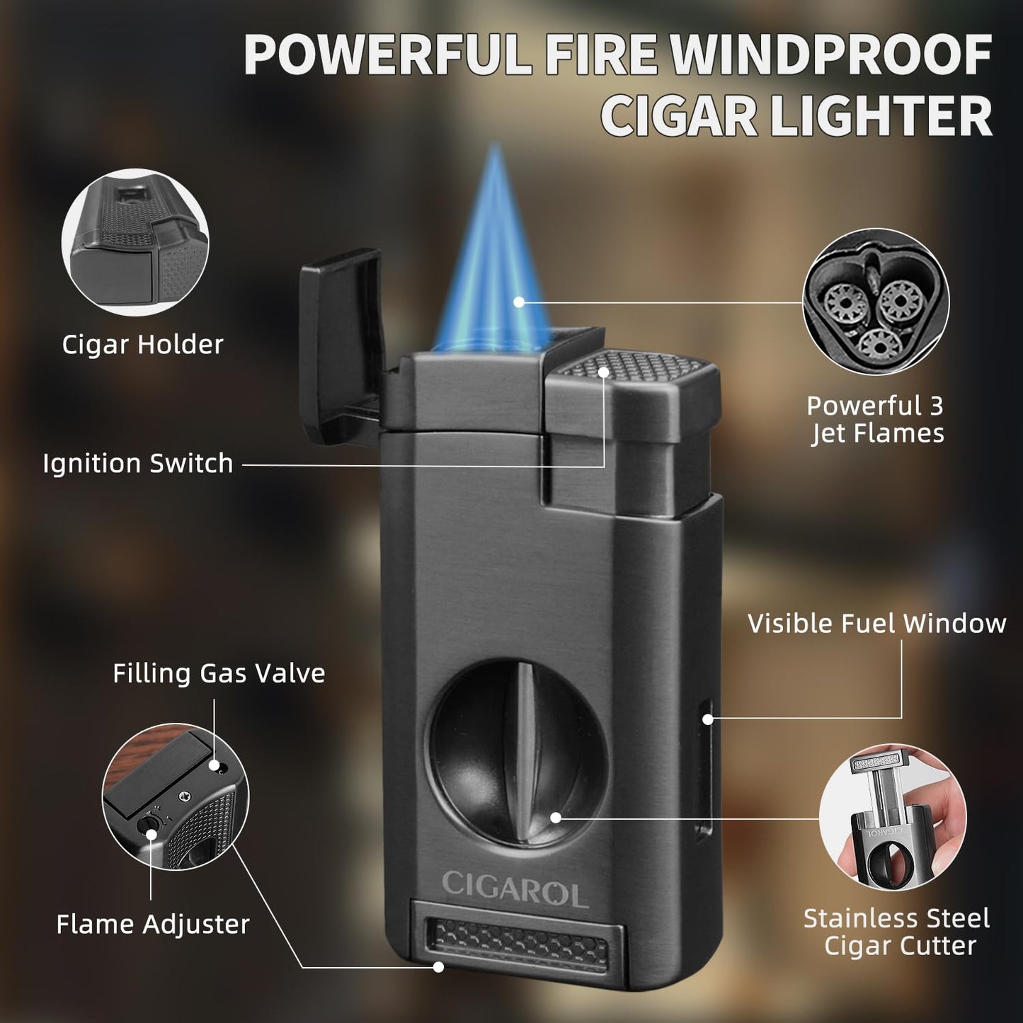 10-Finger Cigar Travel Humidor Cigar Case with Triple Flame Cigar Lighter, Leather Cigar Box with Round Humidifier, Cigar Punch and Dropper, Cedar Wood Humidor Cigar Box Gift Box Storage Box