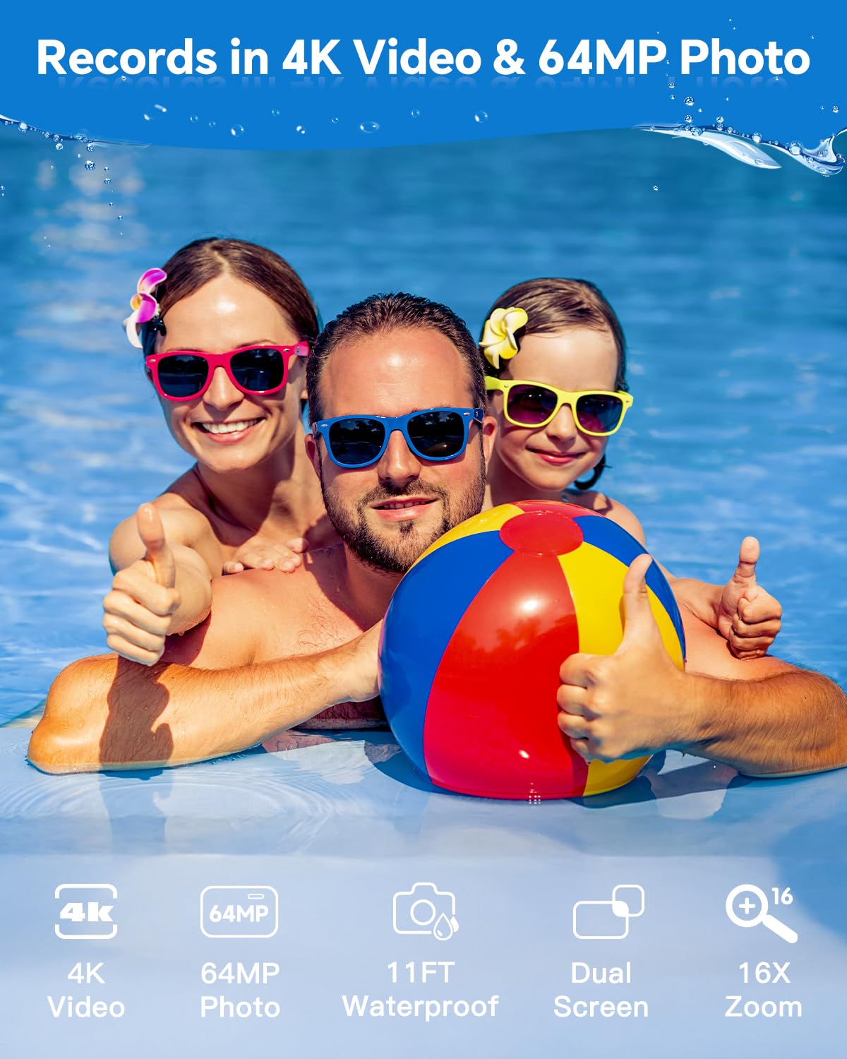 4K Underwater Camera Snorkeling 11FT Waterproof Camera 64MP Autofocus with 32GB Card Dual Screens Selfie 16X Zoom Floatable Compact Digital Camera Waterproof with 2 Batteries (Black)