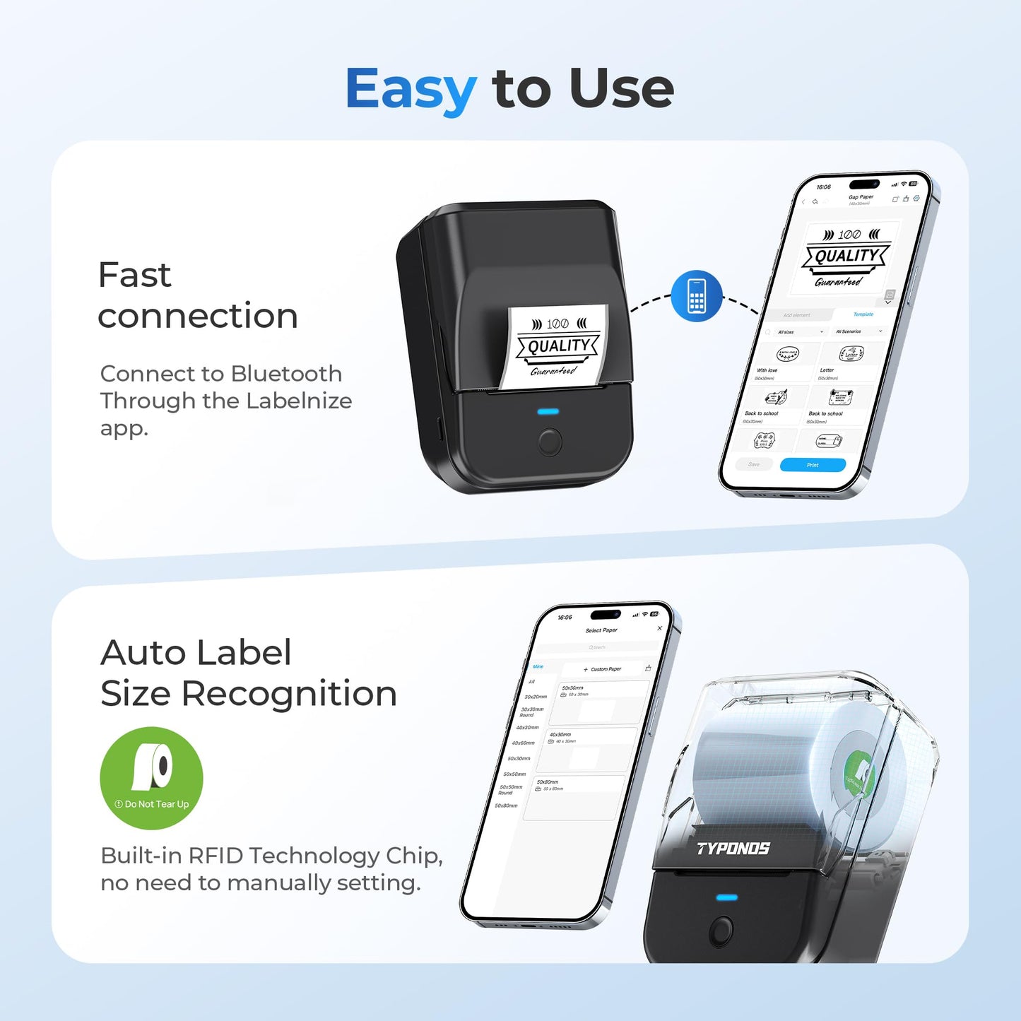 TYPONOS PM240 Label Maker Machine with 3 Tapes, 2" Portable Thermal Label Printer for Phone & PC, Bluetooth Label Maker with Multiple Templates for Small Business, Office, Home, School, Set 1