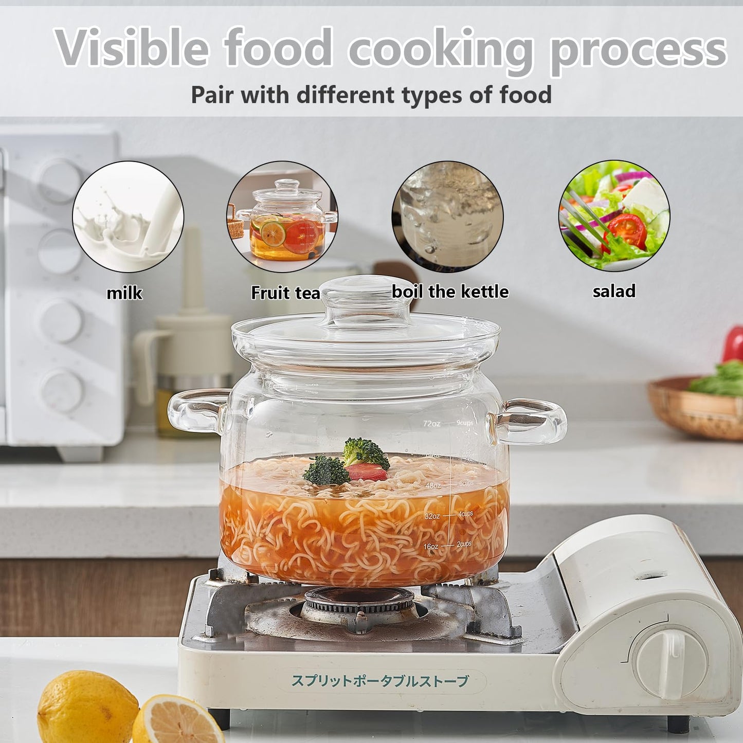 3L(96oz) Glass Cooking Pot with Lid，Handmade Borosilicate Glass Stockpot with Graduations - Glass Saucepan with Cover for Cooking and Serving