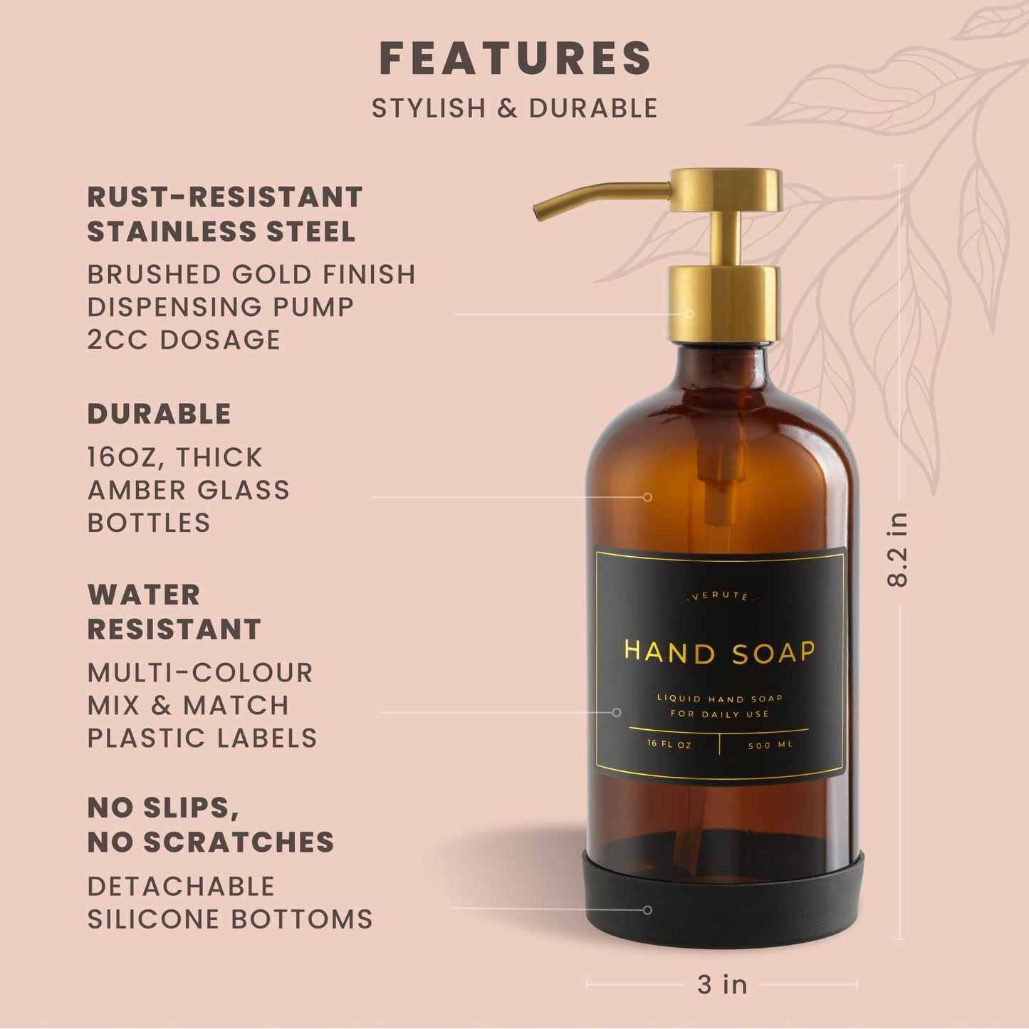 Verute 500ml Glass Soap Dispenser with Stainless Steel Pump, 21 Waterproof Labels, Non-Slip Protective Silicone Pad, Set of 2 for Bathroom & Kitchen (Amber Bottle/Brushed Gold Pump)