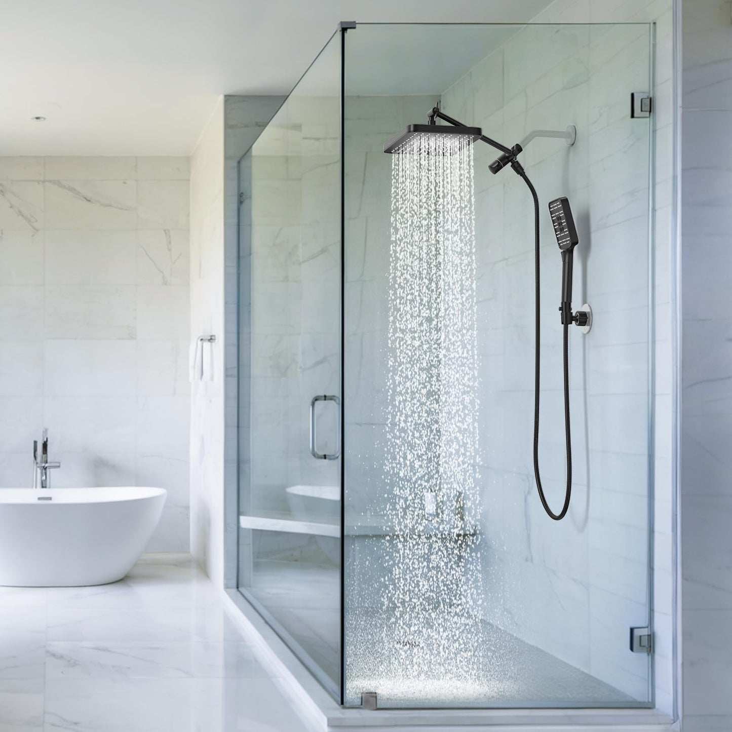 High Pressure Rain Shower Head with Handheld Spray Combo Set, Adjustable 12" Rainfall Dual Shower Head, Double&Tandem Shower Head, Waterfall Showerhead Bathroom -Matte Black