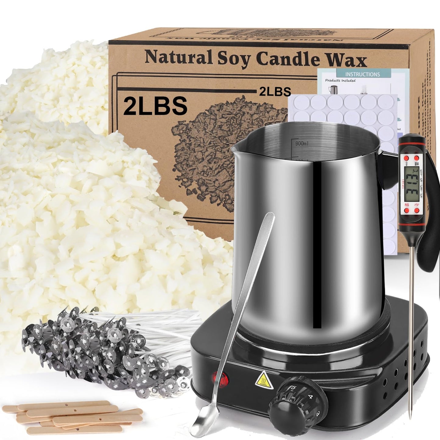 Soy Wax Candle Making Kit Supplies, DIY Art&Crafts Kit for Adults,Beginner, Including 2lbs Soy Wax Flakes, 100 Candle Wick, 10 Centering Devices, Melting Pot (with Hot Plate)