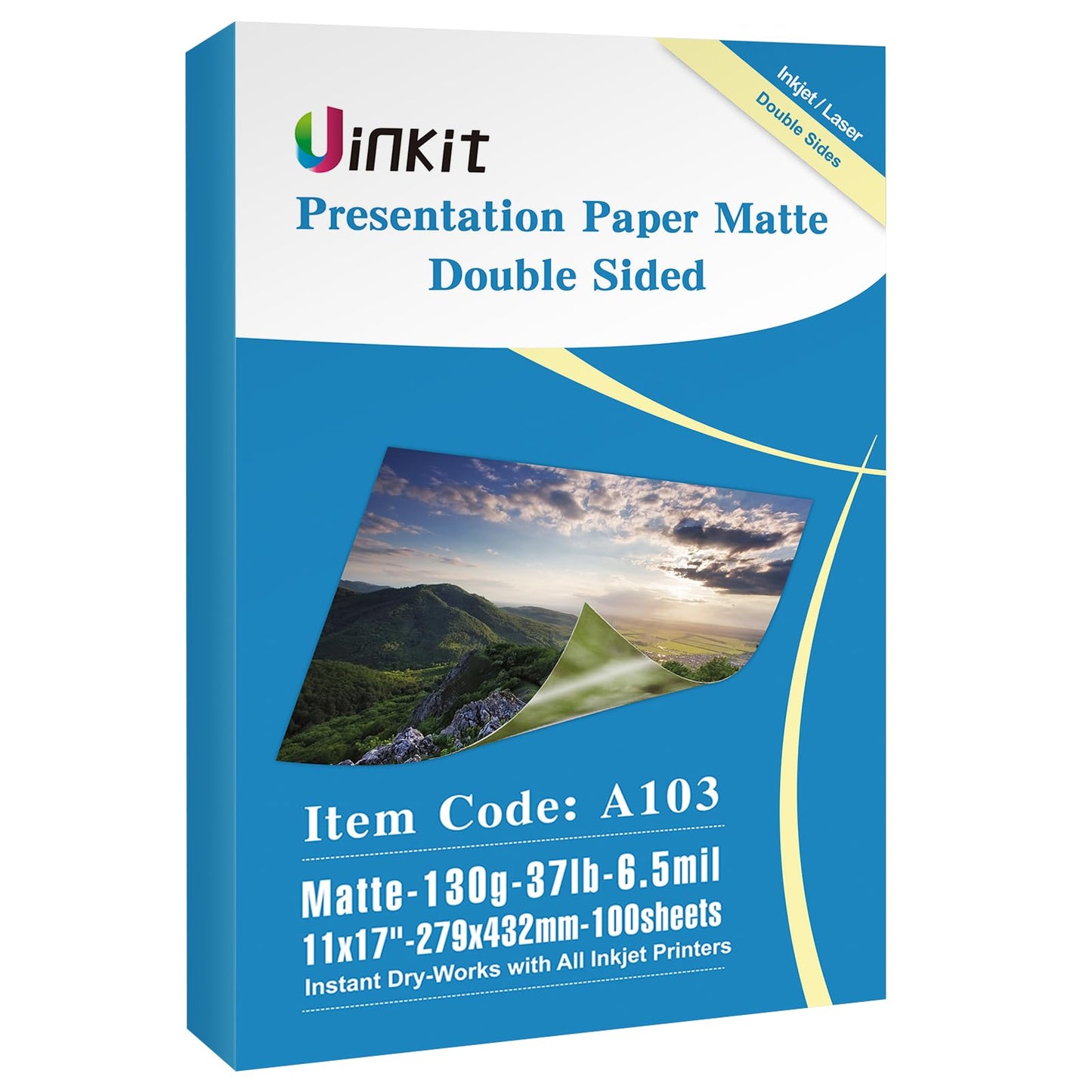 Uinkit Thin Presentation Pape Matte Double Sided 100 Sheets 11x17 130Gsm 6.5 Mil A3 Size for Dye Inkjet Printer A103