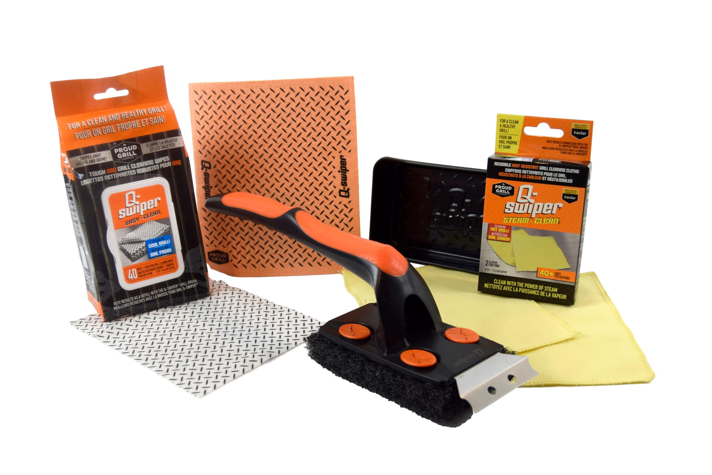 Q-Swiper XL Complete Grill Cleaner Kit - Hot + Cold + Exterior Grill Cleaning. Includes 1 Long Grill Brush, 2 Steam Clean Cloths, 40 Moist Grill Wipes, 1 Exterior Reusable Cloth and 1 Tray.