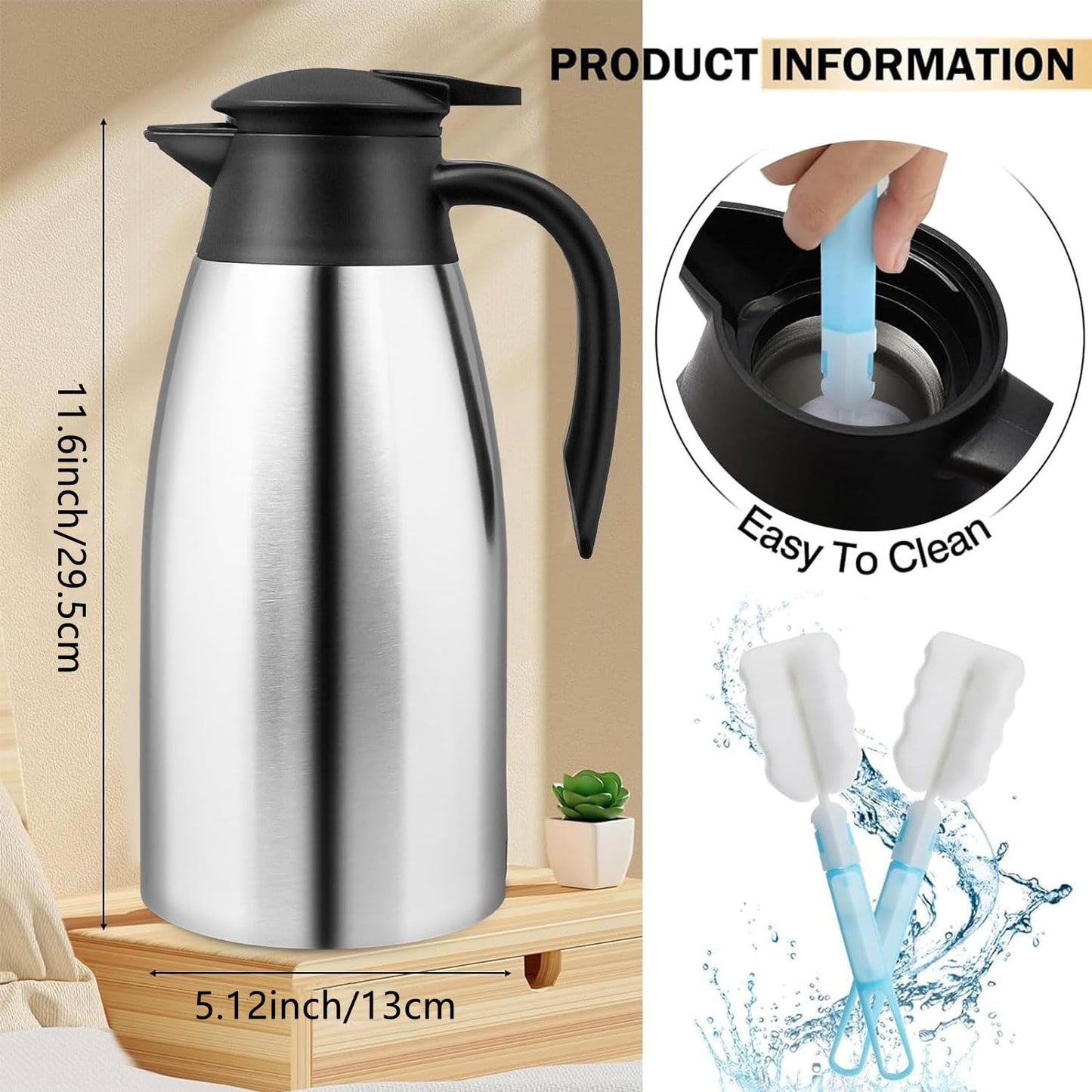 2 Pcs 68 oz Thermal Coffee Carafe Insulated Stainless Steel Coffee Carafe for Hot Liquids Vacuum Thermal Pot Creamer Carafe Dispenser with Brushes Keeping Hot 12 Hours (Silver)