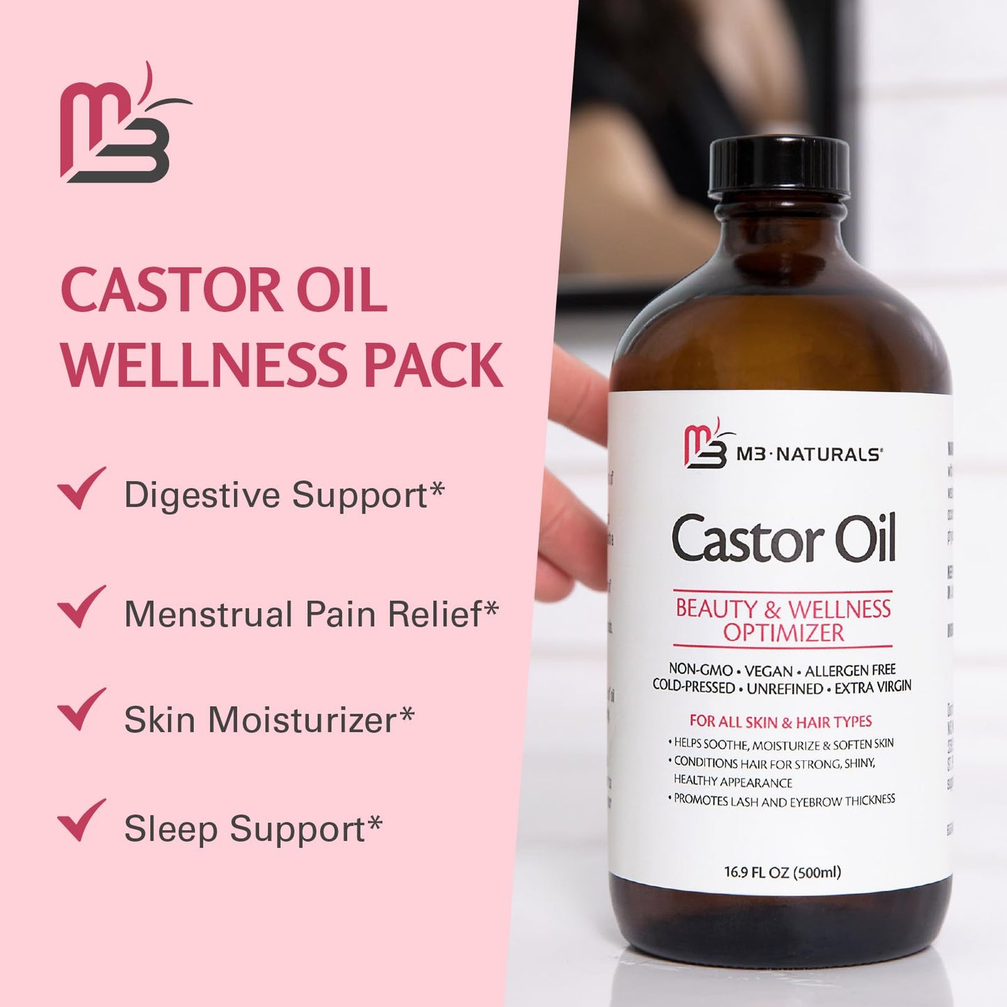 Pure Hexane-Free Cold Pressed Organic Castor Oil - 500mL Glass Bottle for Hair, Lashes, Brows & Skin Nourishment