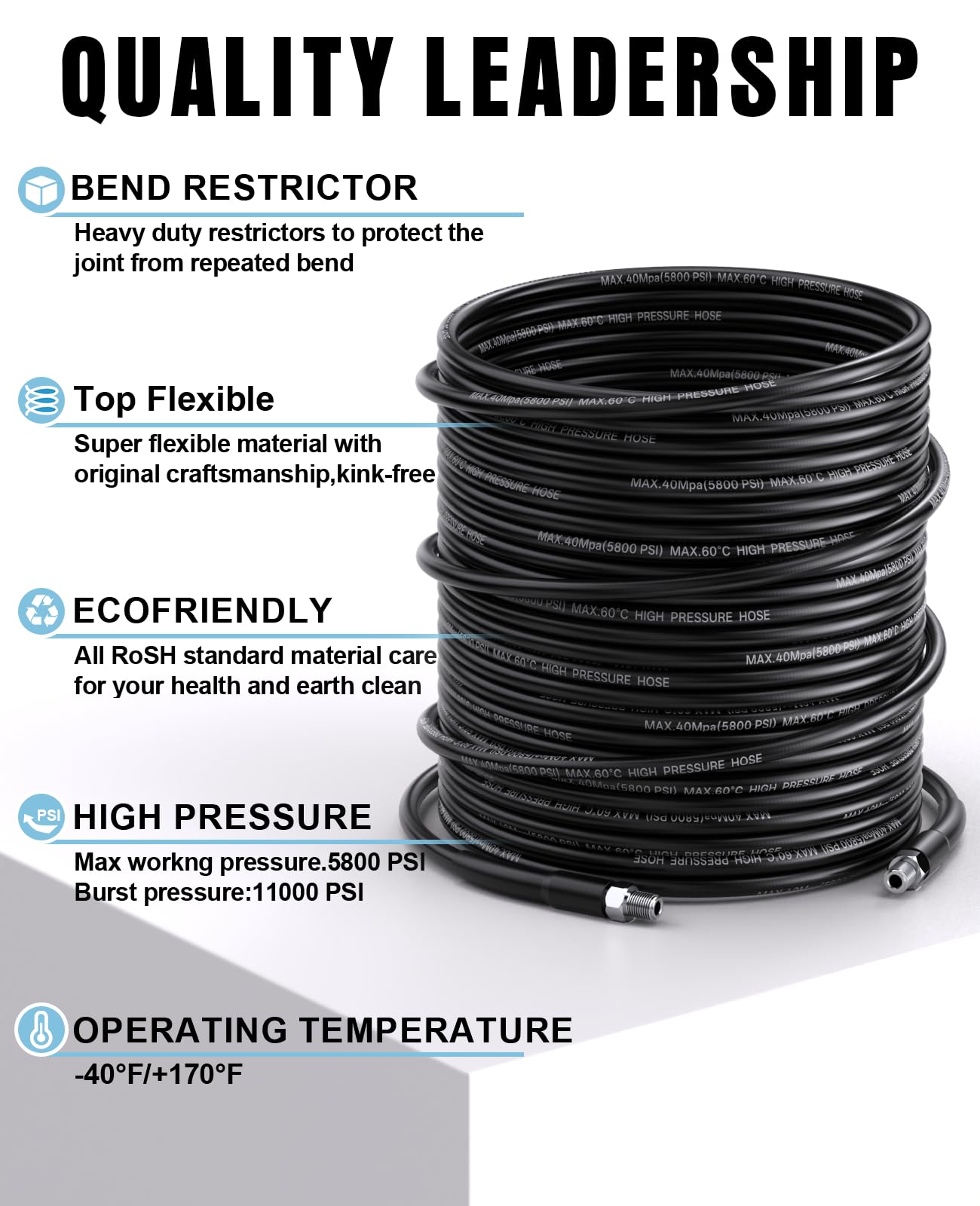 XENDY WASHER 1/4 Inch NPT 100 FT Sewer Jetter Kit for Pressure Washer, 5800PSI Jet Drain Cleaner Hose, 1/4 Inch NPT, Rotating&Button Nose Sewer Jetter Nozzle, Pearl Pin, Waterproof Tape and 2 Spanner