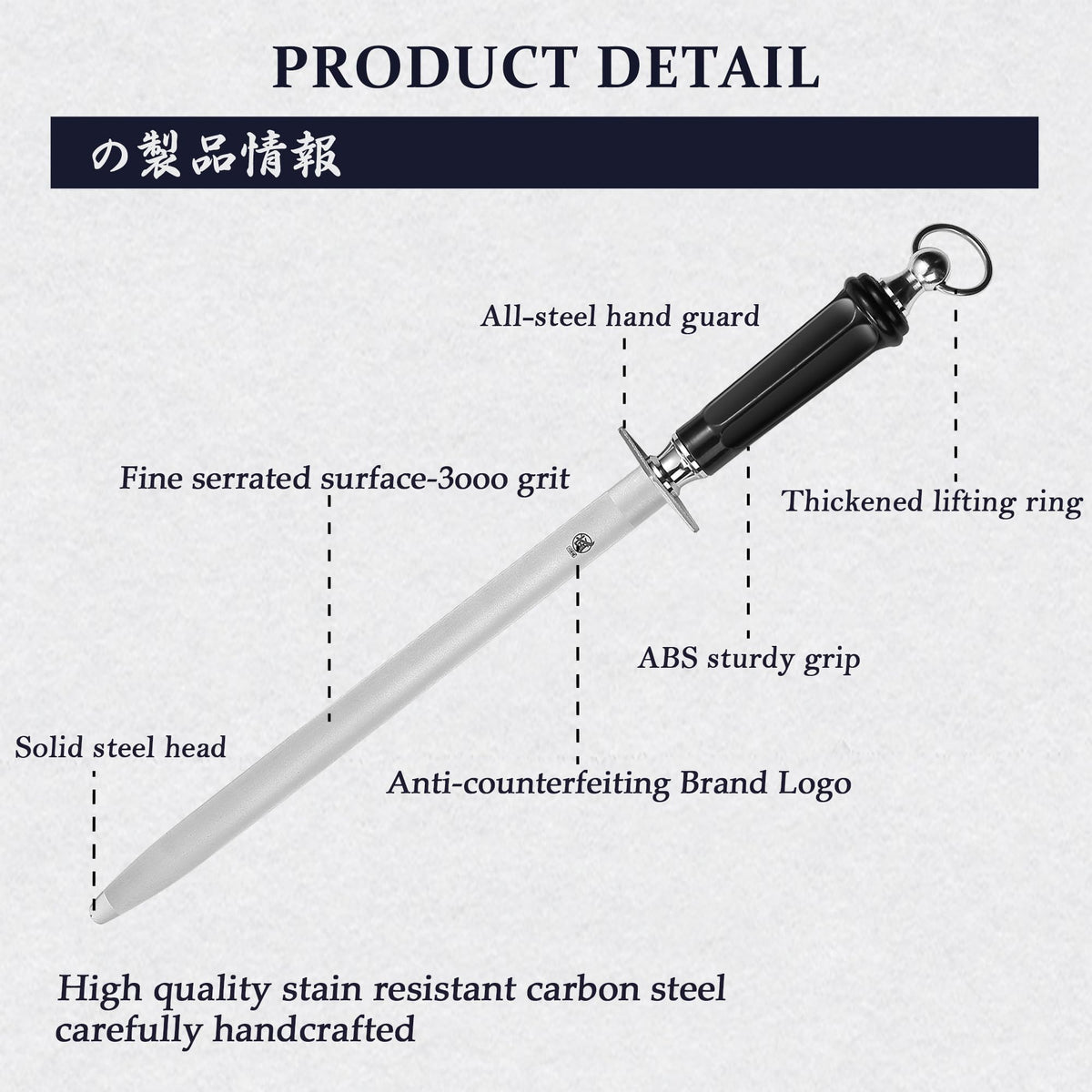 MITSUMOTO SAKARI 12 inch Japanese Diamond Honing Steel, Professional High Carbon Flat Knife Sharpener Rod, Kitchen Knife Sharpeners for Chef Knives, Honing Knife Blades, Pruning Shears