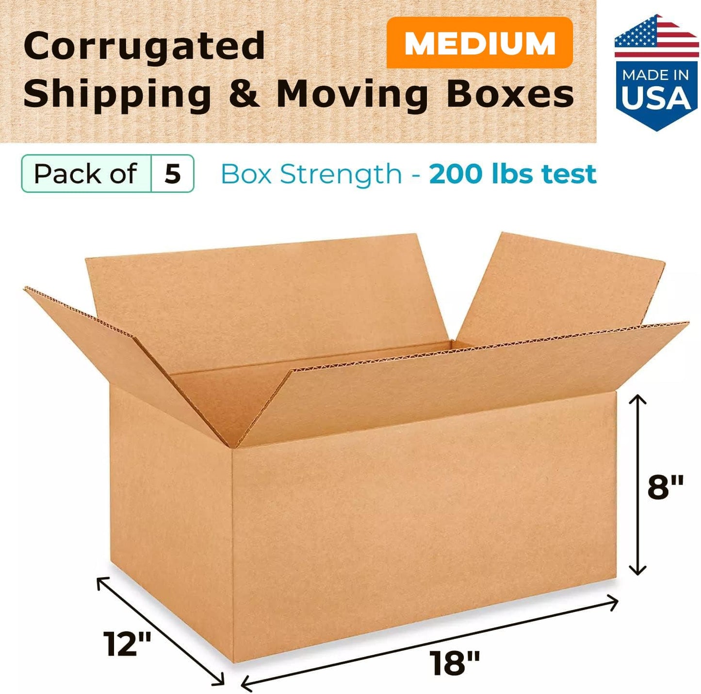 IDL Packaging 18"L x 12"W x 8"H Medium Box (Pack of 5) for Moving, Shipping or Storing Items, 100% Recyclable, Brown