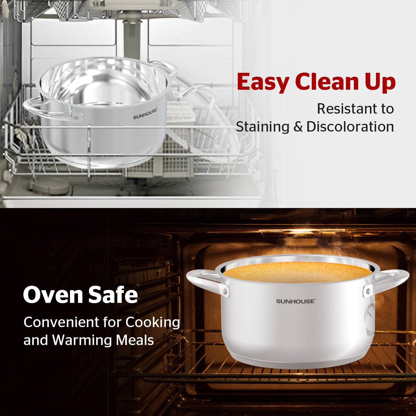 SUNHOUSE Stainless Steel Stock Pot - 13 Quart Heavy-Duty Induction Cooking Pot with Visible Lid for Pasta, Soup, Spaghetti - Nonstick Thick-Bottom Deep Stockpot for Canning, Boiling, and Simmering