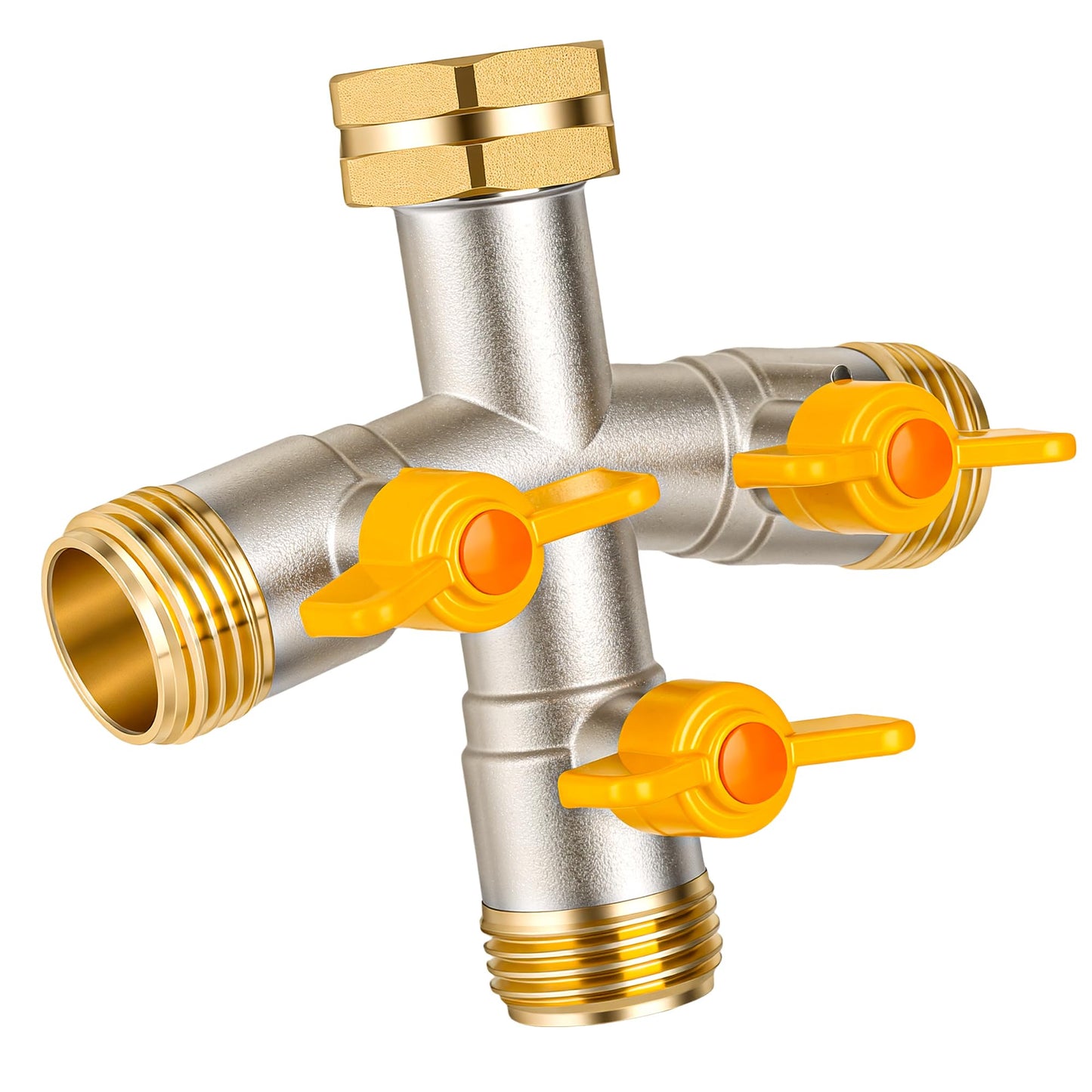 DINGBAI Hose Splitter 3 Way, High Flow Garden Hose Splitter, 3/4” GHT Inlet Brass Heavy Duty Hose Converter, Water Three- Way Faucet Hose Splitter, Stainless Steel Handle Hose Valve Large Outlet.