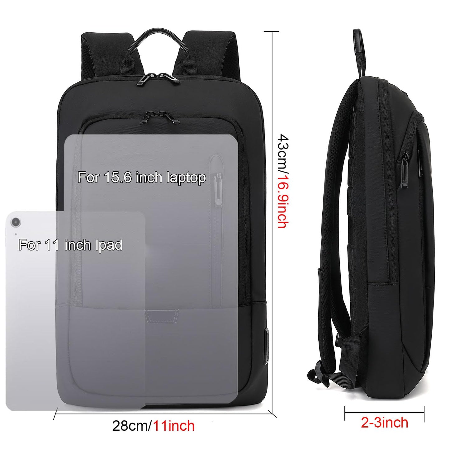 AUGUR Slim Laptop Backpack With 15.6 Inch Sleeve - Professional Notebook Bag for Men - Fits Travel/Business/Work - 1505 Black, Large