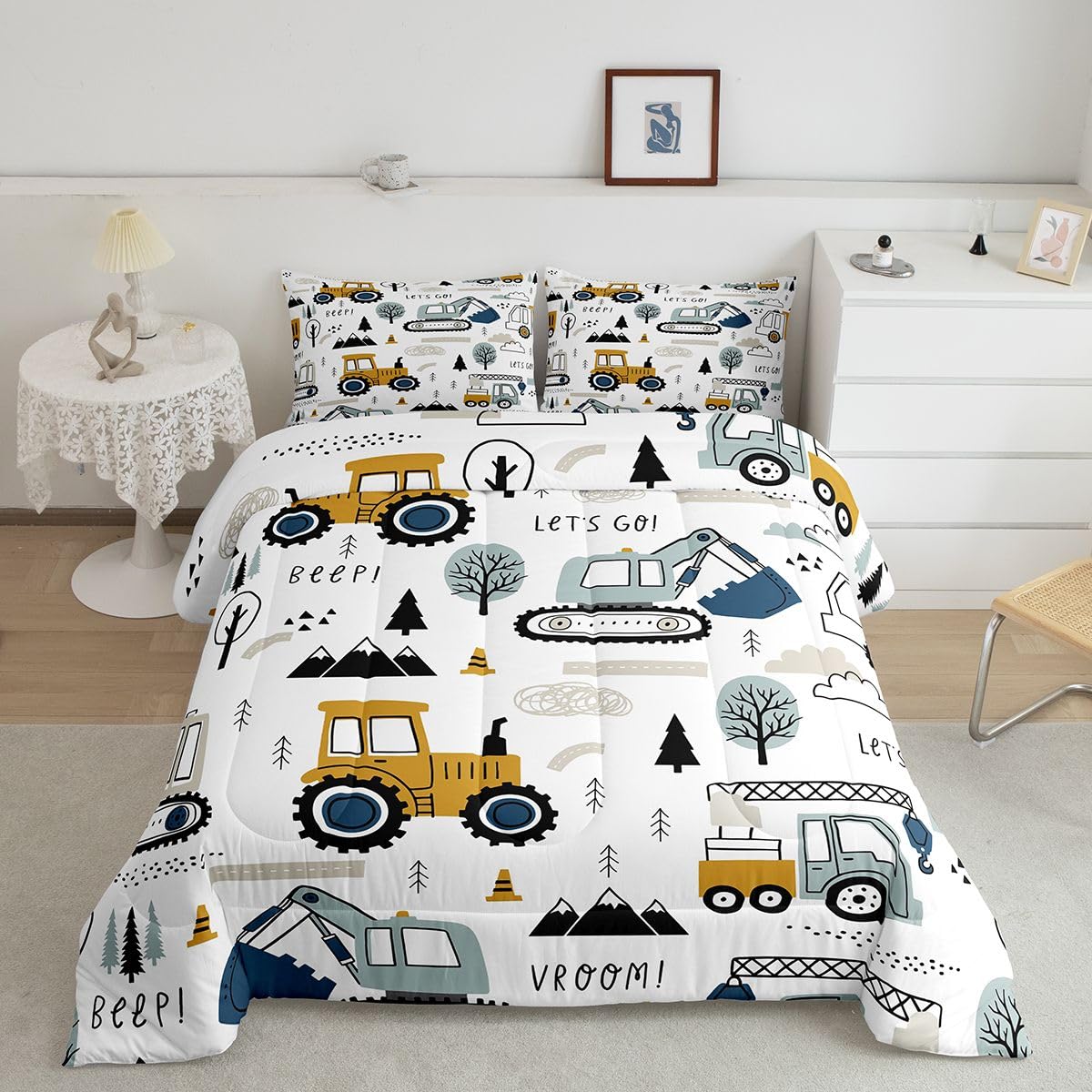 Cartoon Car Kids Comforter Set Construction Bedding Set Decor Equipment Trucks Comforter Cartoon Car Excavator Tractor White Yellow Duvet Set Bedroom Quilt Set 3Pcs Full