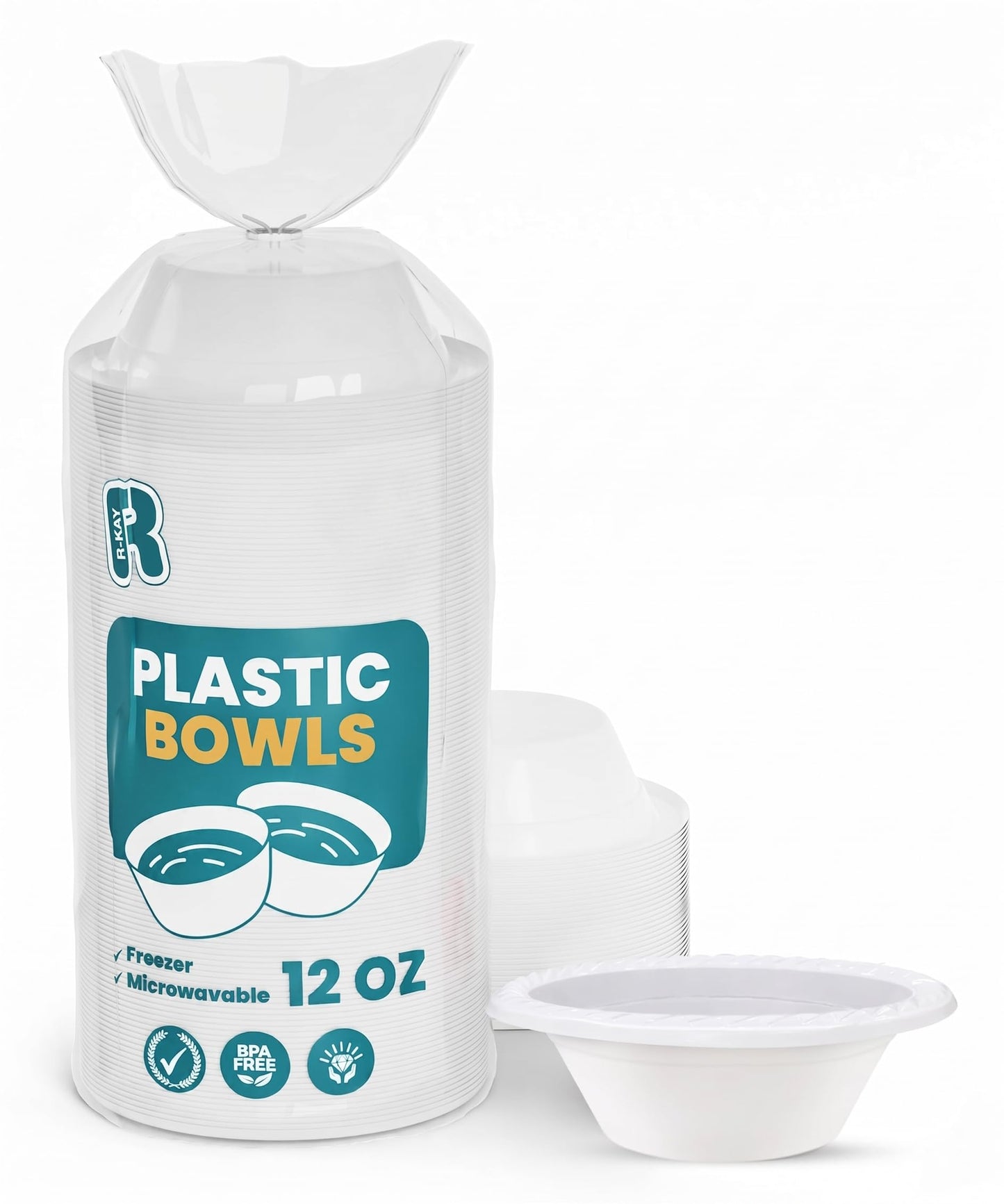 R-kay Plastic Bowls - 100 Count Microwavable Disposable Bowls - Strong Heavy Duty And Sturdy White Plastic Bowls Disposable (12 OZ, 100)