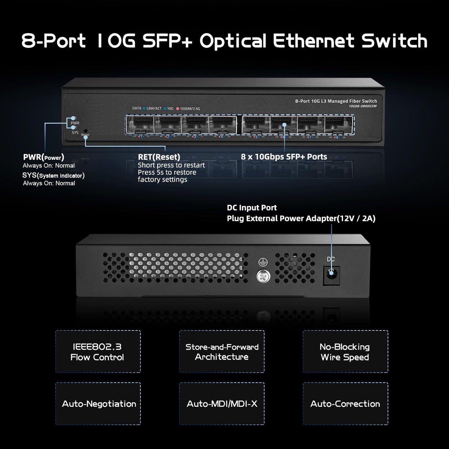 Binardat 8 Port 10 Gigabit SFP Managed Switch, Support 1G SFP and 10G SFP+ Module, 160Gbps Bandwidth, L3 Web/CLI Managed, Metal Fanless Fiber Network Switch