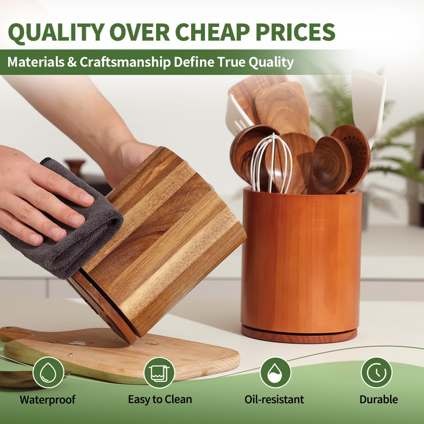 Wooden Utensil Holder, 360°Rotating 7.3'' Large Utensil Holder for Kitchen Counter, Kitchen Utensil Organizer, Cooking Utensil Crock, Farmhouse Kitchens Countertop Decor, Acacia Wood