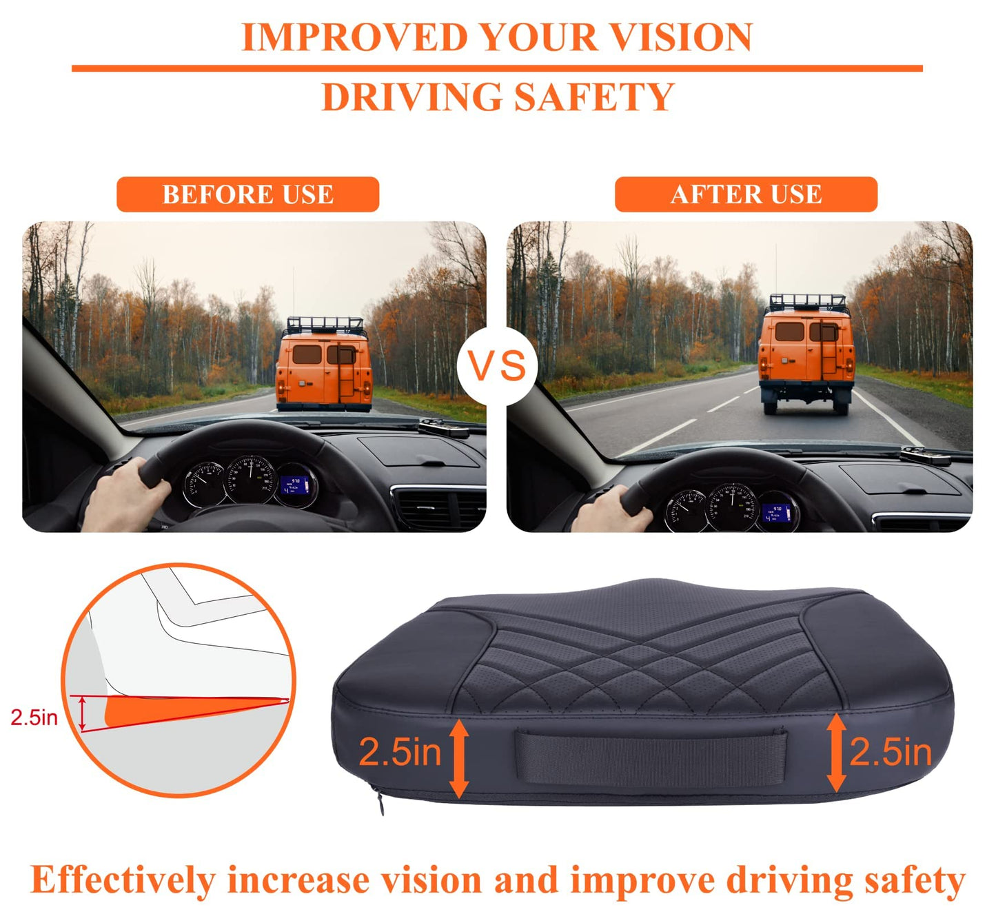 kingphenix Premium Car Seat Cushion, Memory Foam Driver Seat Cushion to Improve Driving View - Coccyx & Lower Back Pain Relief - Seat Cushion for Car, Truck, Office Chair - Black
