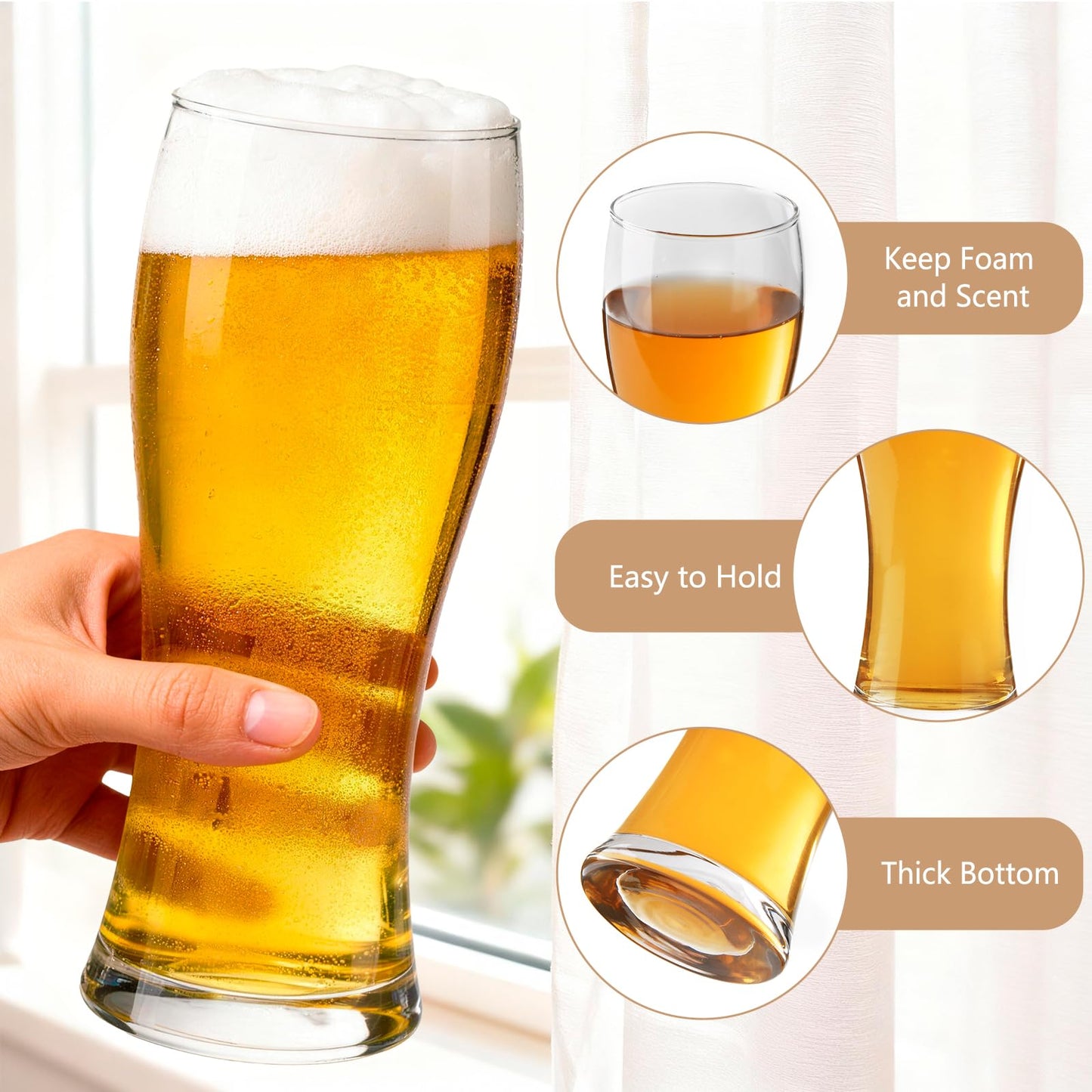BPFY 16oz Pilsner Beer Glasses Set of 6 for Home, Pub, Food-Grade Clear Pint Glasses, Easy to Grasp Bar Glassware, Dishwasher Safe(480ml)