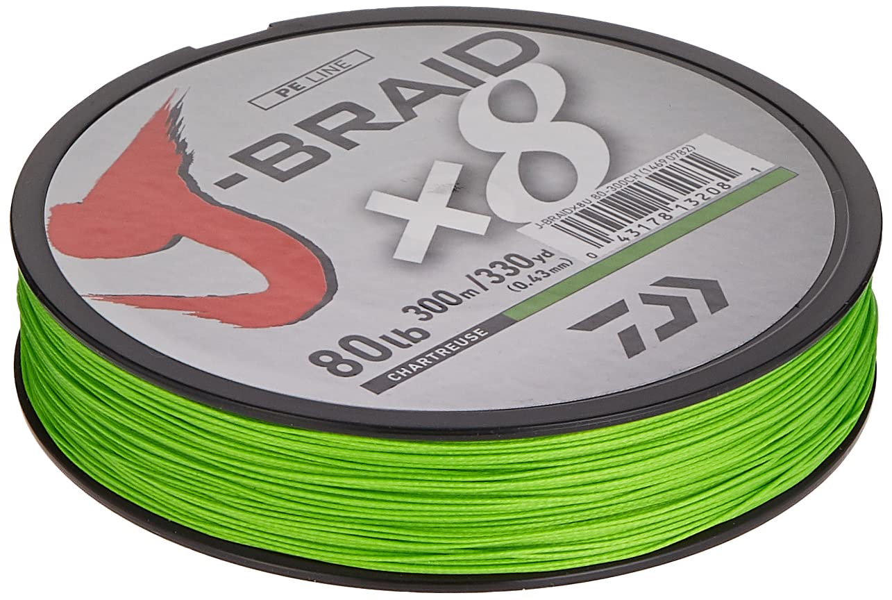 Daiwa J-Braid 300M 8-Strand Woven Round Braid Line, Chartreuse, 65 lb