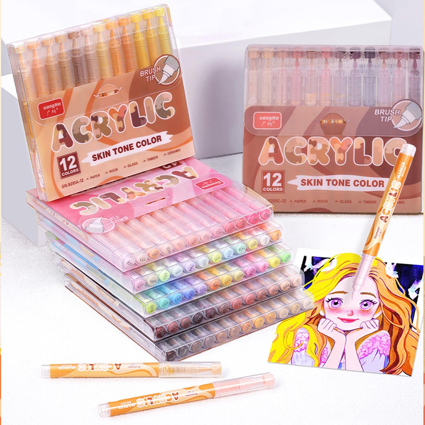 48-Pack Skin Tones Acrylic Paint Markers - 4 Series Soft Brush Tip Pens for Portrait & DIY Anime Art, Non-bleeding, Waterproof & Layering