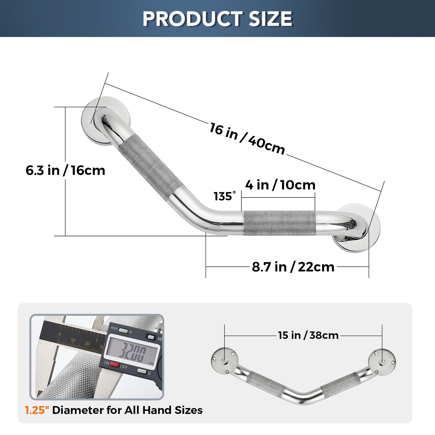 Grab Bars for Bathtubs and Showers- 1-1/4 x 16 Angled Shower Grab Bar for Seniors Knurled Stainless Steel Handicap Grab Bars for Wall (Polished Nickel, 1 Pack)