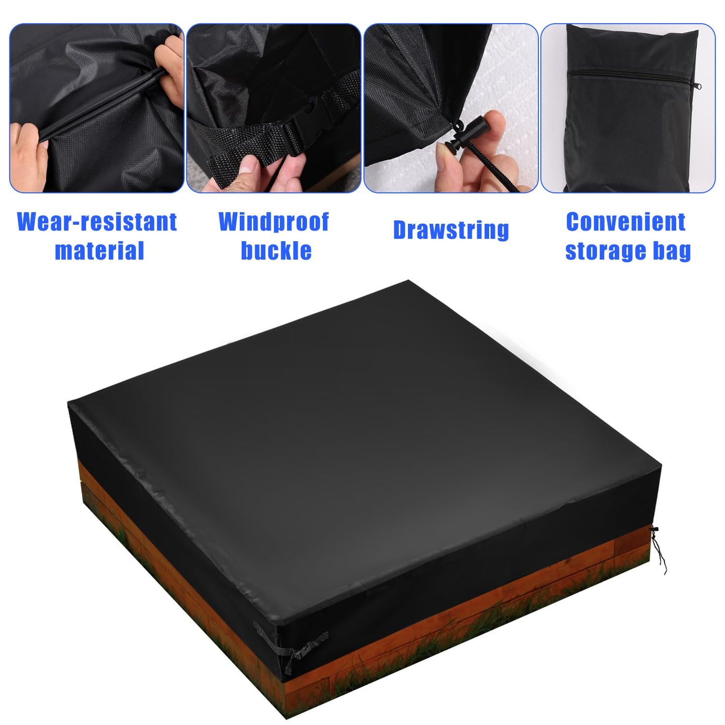 Square Sandbox Cover, 80x80x8in Oxford Practical Waterproof Sandbox Lid Outdoor Protection Cover Suitable for Protecting Toys Sandpits Small Swimming Pools Furniture (Black)