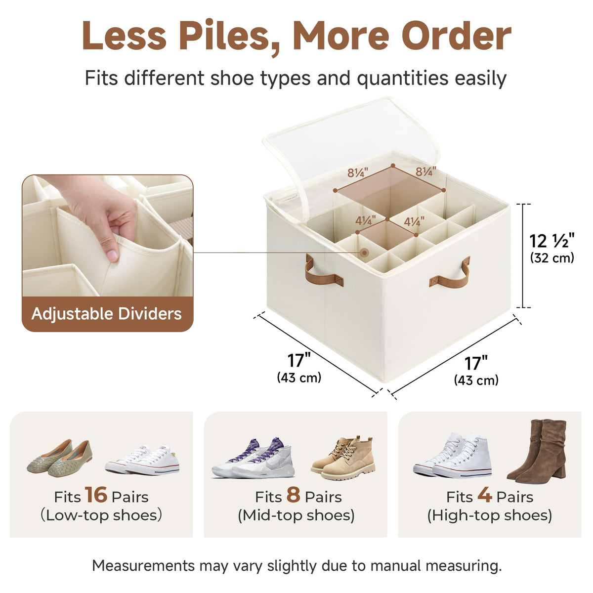 StorageWorks Collapsible Shoe Organizer for Closet, Shoe Box for Cabinet, Fits up to 16 Pairs, Shoe Cubby Storage Container with Adjustable Dividers and Clear Cover, Rangement Chaussures, Beige