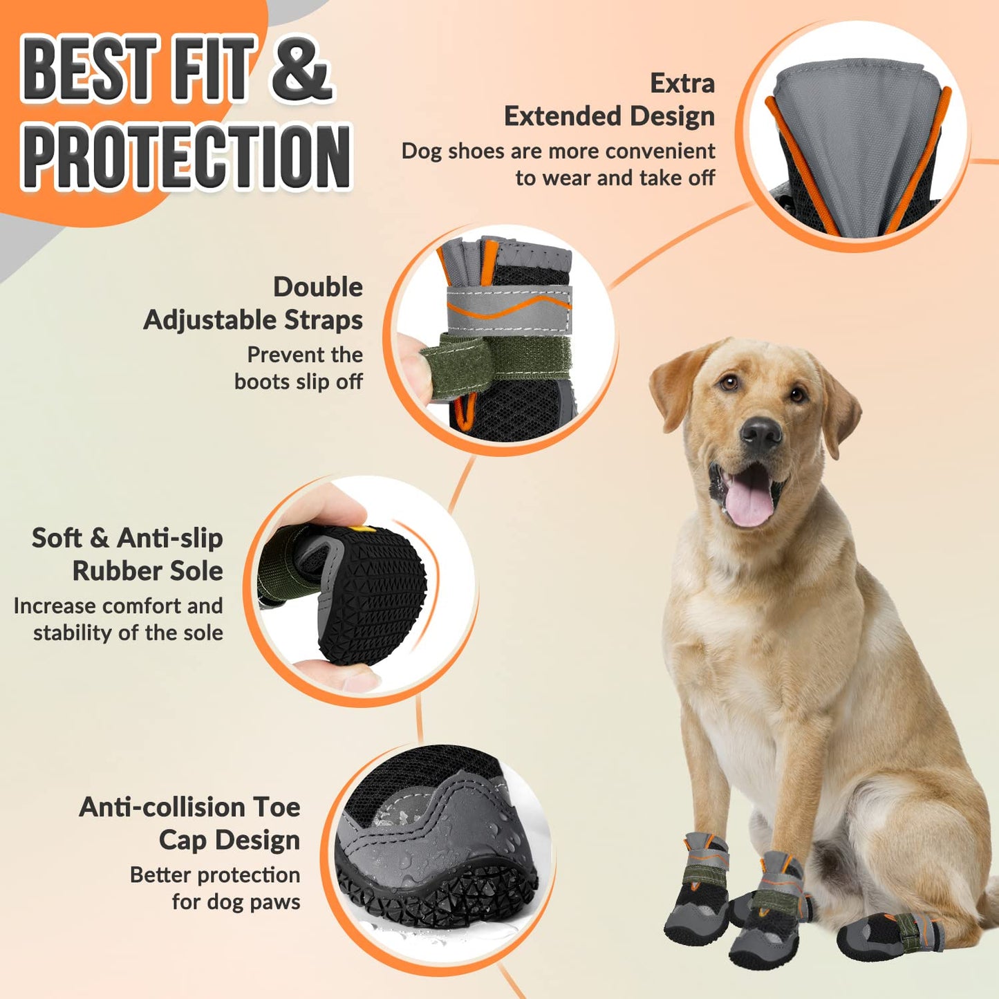 AUTOWT Dog Boots, Breathable Paw Protector Dogs Shoes, Dual Adjustable & Washable Non-Slip Dog Booties with Reflective Strip for Large Medium Small Dogs Injured Paws Walking Running Outdoor(#5,Black)